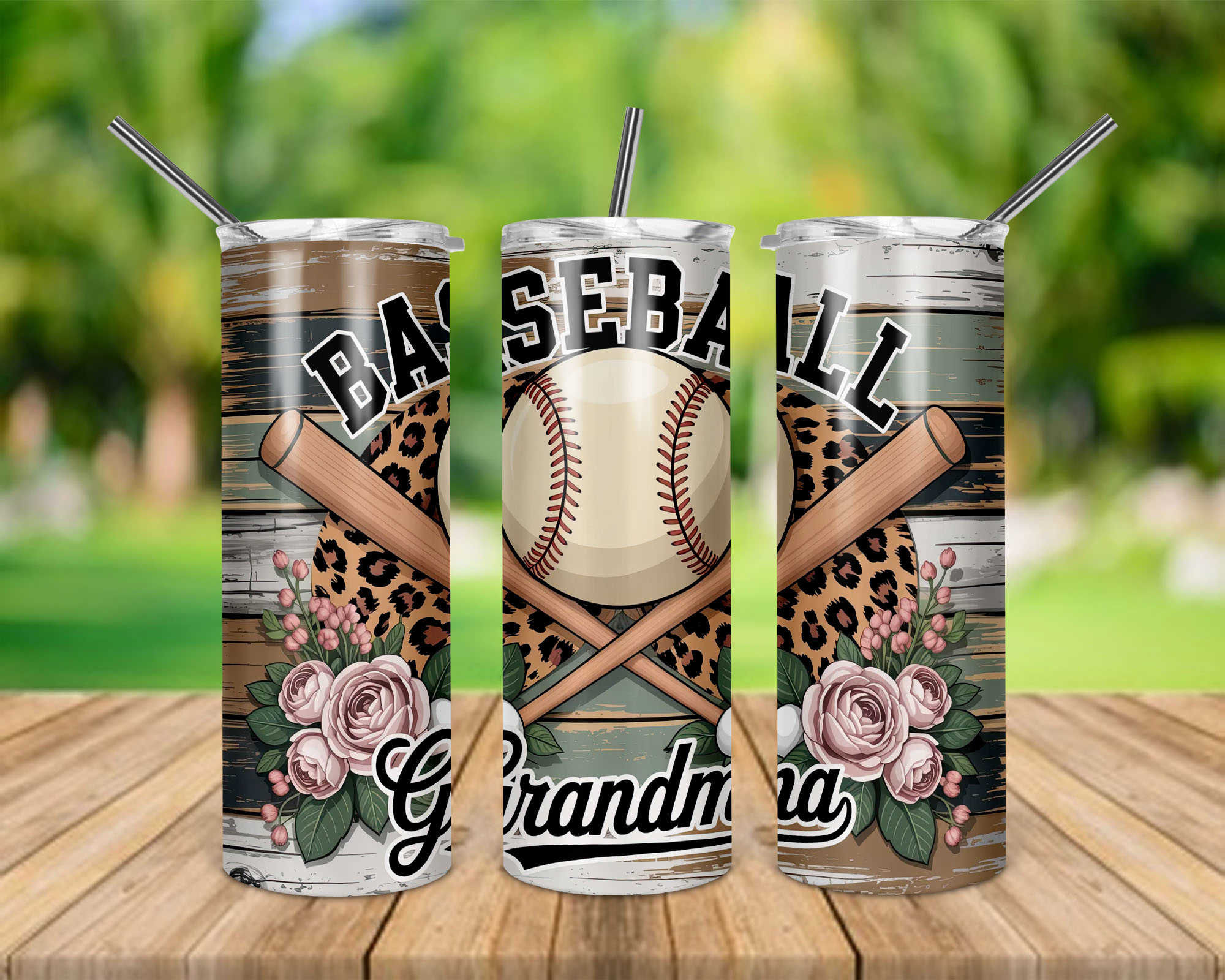 Baseball Grandma Leopard Floral 20 oz Skinny Tumbler