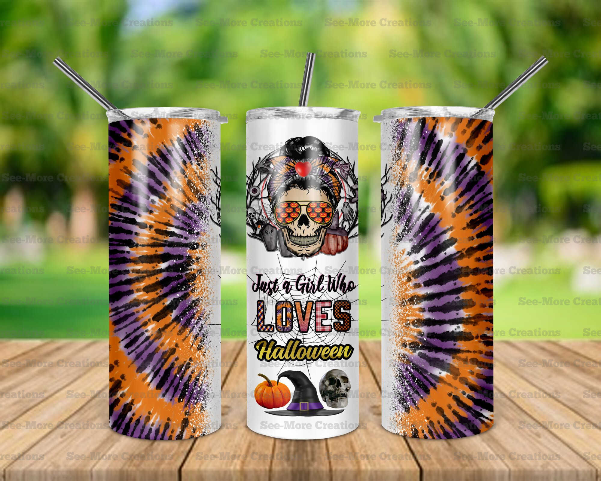 Just A Girl Who Loves Halloween #1 Messy Bun Skull Skinny & Kids Tumblers