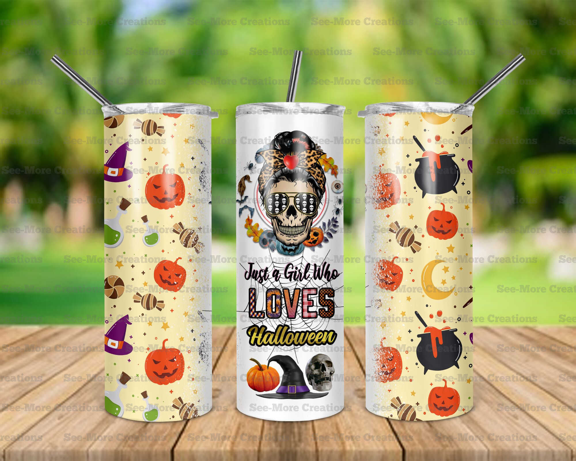 Just A Girl Who Loves Halloween #11 Messy Bun Skull Skinny & Kids Tumblers