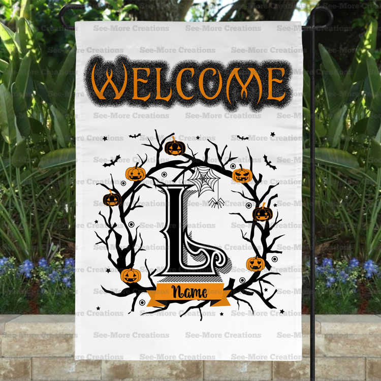 Thumbnail: Halloween Monogram & Personalize With Last Name Welcome Garden Flag A-M
