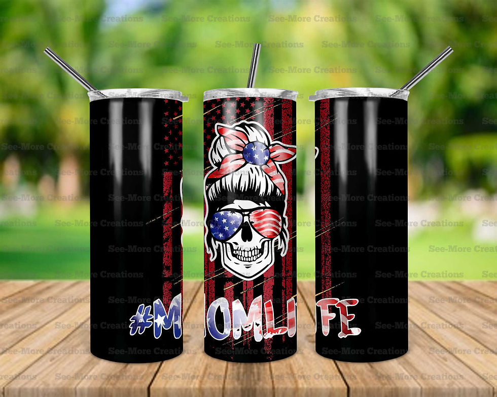 Mom Life #21 American Flag Messy Bun Skull Skinny Tumbler