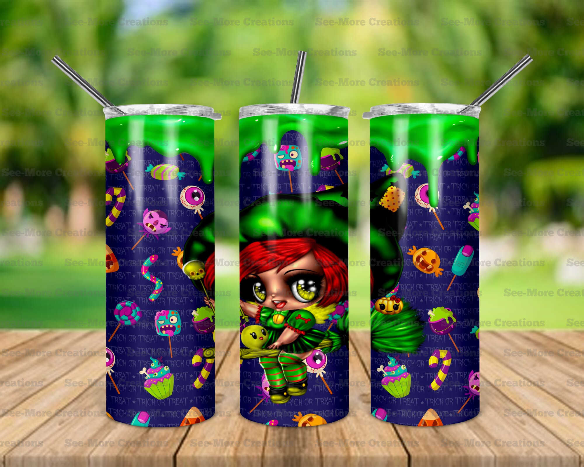 Halloween Doll #11 Black And Green Witch Skinny & Kids Tumblers