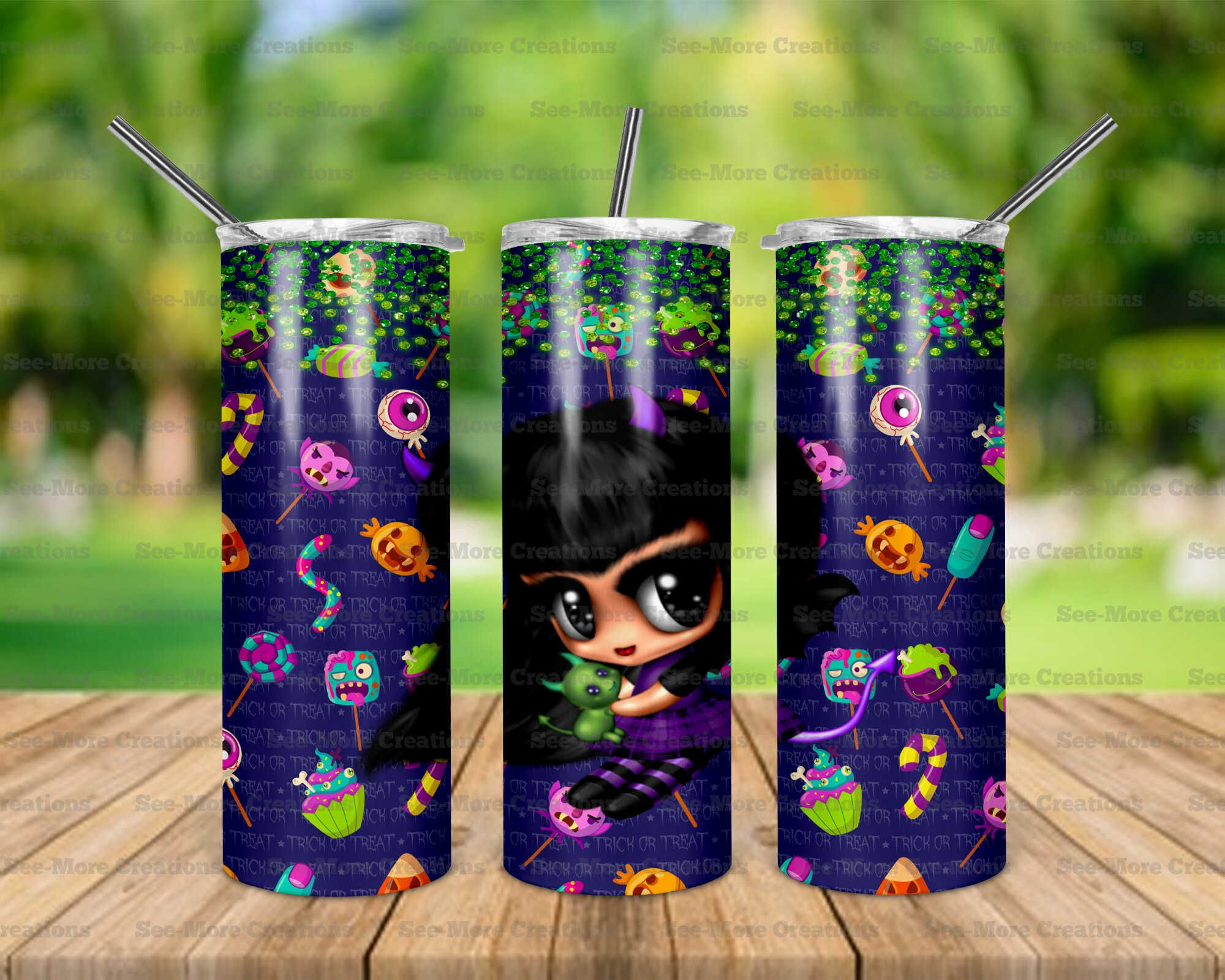 Halloween Doll #10 Black And Purple Gothic Glitter Print Skinny & Kids Tumblers