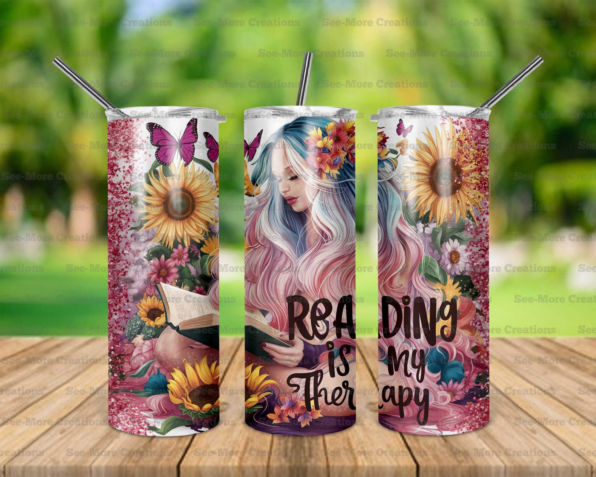 Reading Is My Therapy #1 Glitter Print Skinny Tumbler