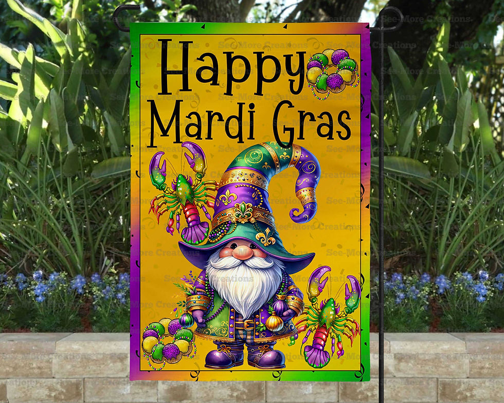 Happy Mardi Gras #1 Gnome & Crawfish Garden Flag