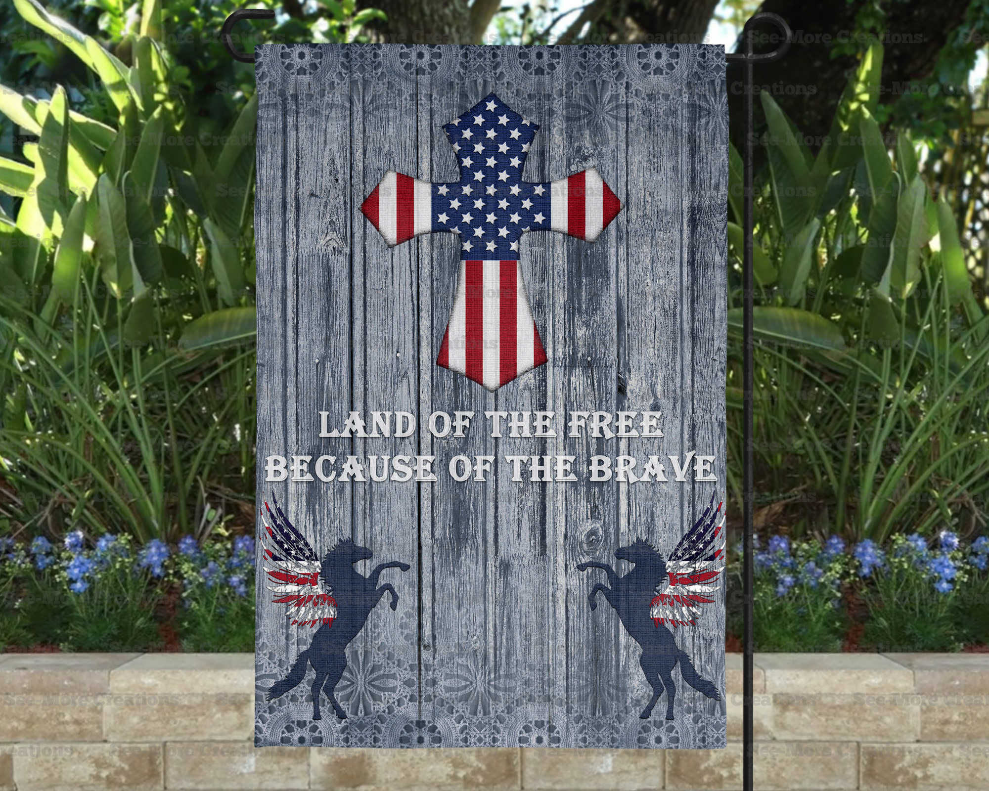 Land Of The Free Because Of The Brave #3 American Flag Cross Garden Flag
