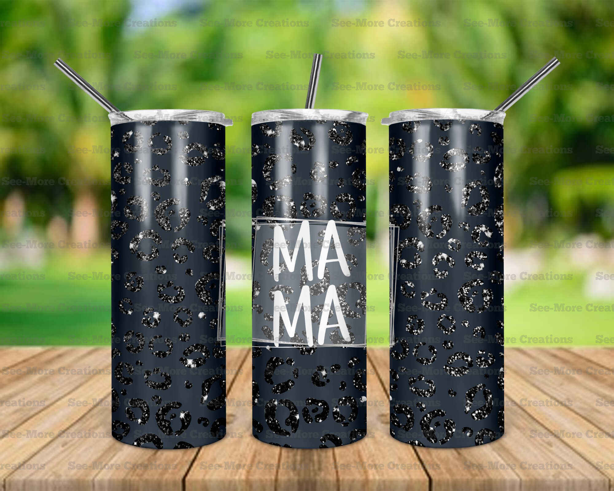 Mama #60 Grey With Black Glittered Leopard Print Skinny Tumbler