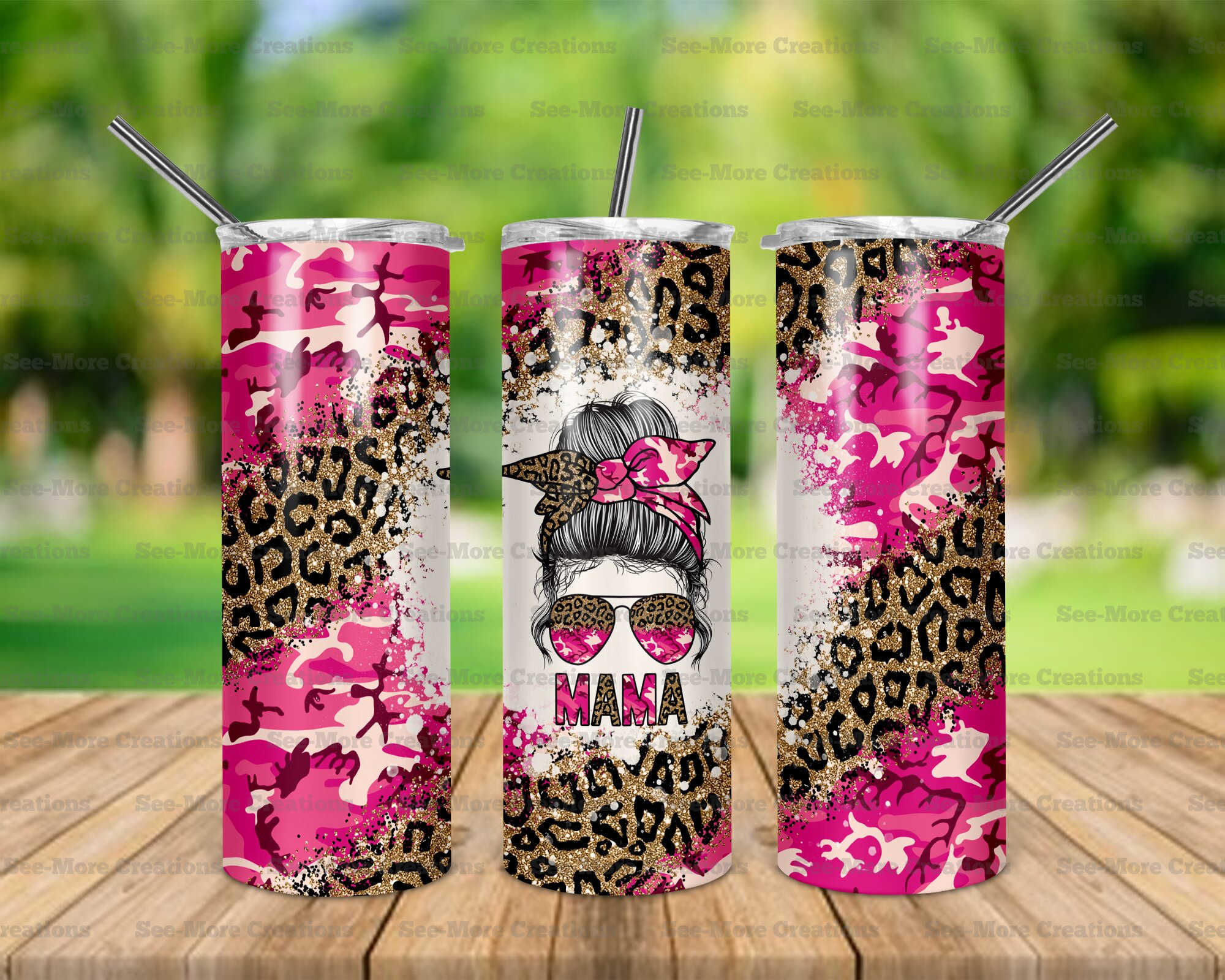 Mama #106 Messy Bun Pink Camo Gold Glittered Leopard Print Skinny Tumbler