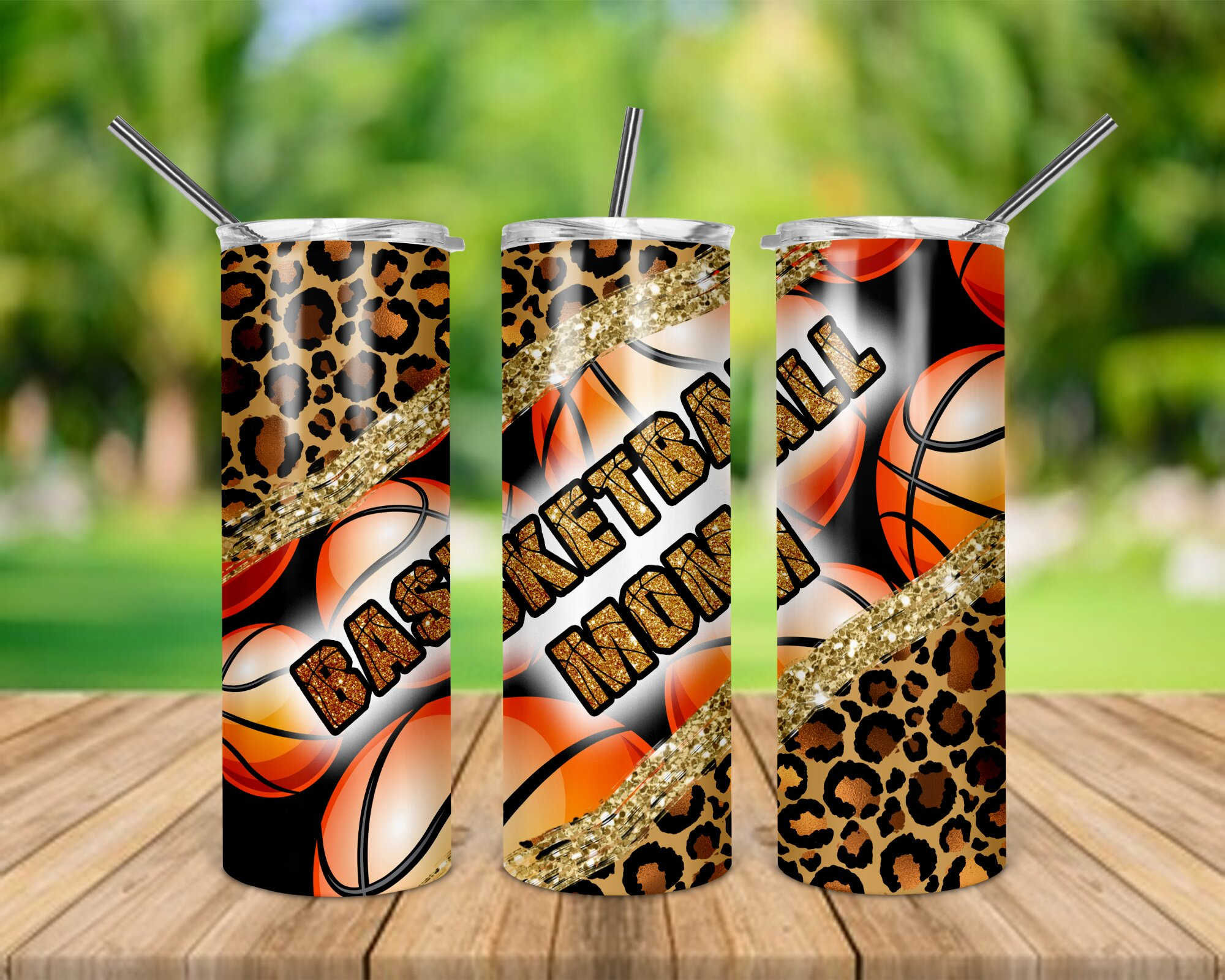 Basketball Mom Leopard Glitter-Look Basketballs 20 oz Skinny Tumbler