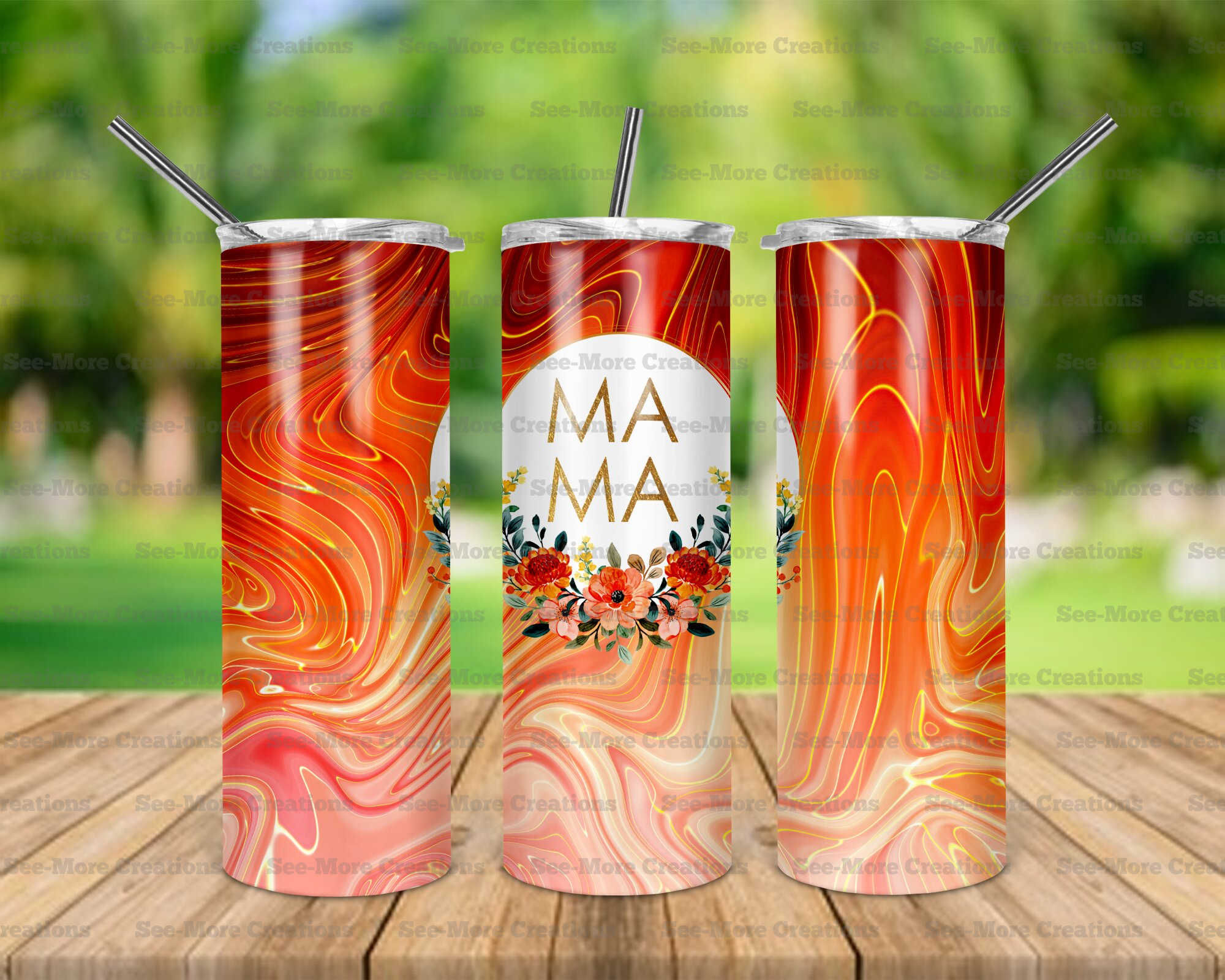 Mama #82 Orange Marble Flowers Skinny Tumbler