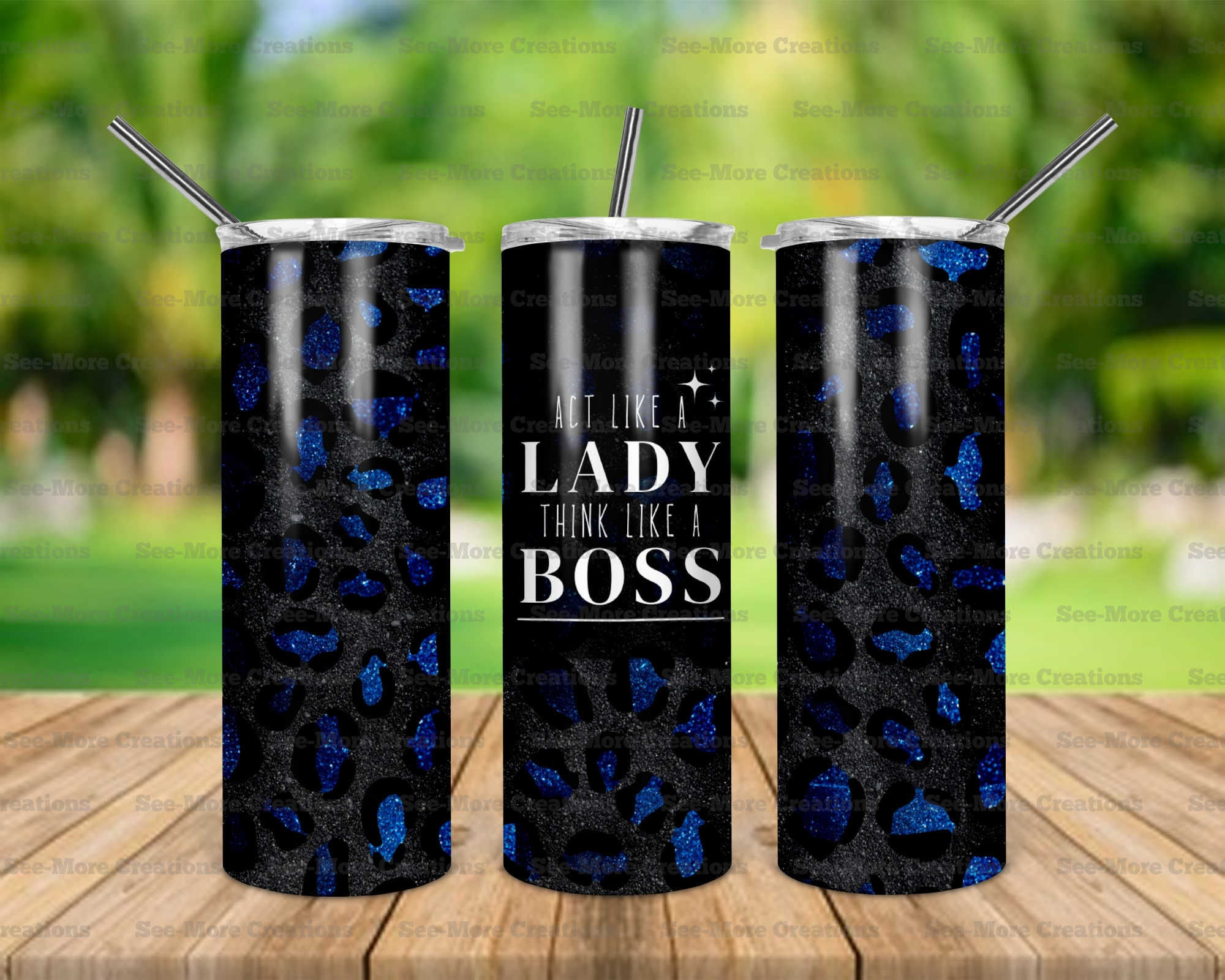 Act Like A Lady Think Like A Boss #2 Blue Glitter Leopard Skinny Tumbler