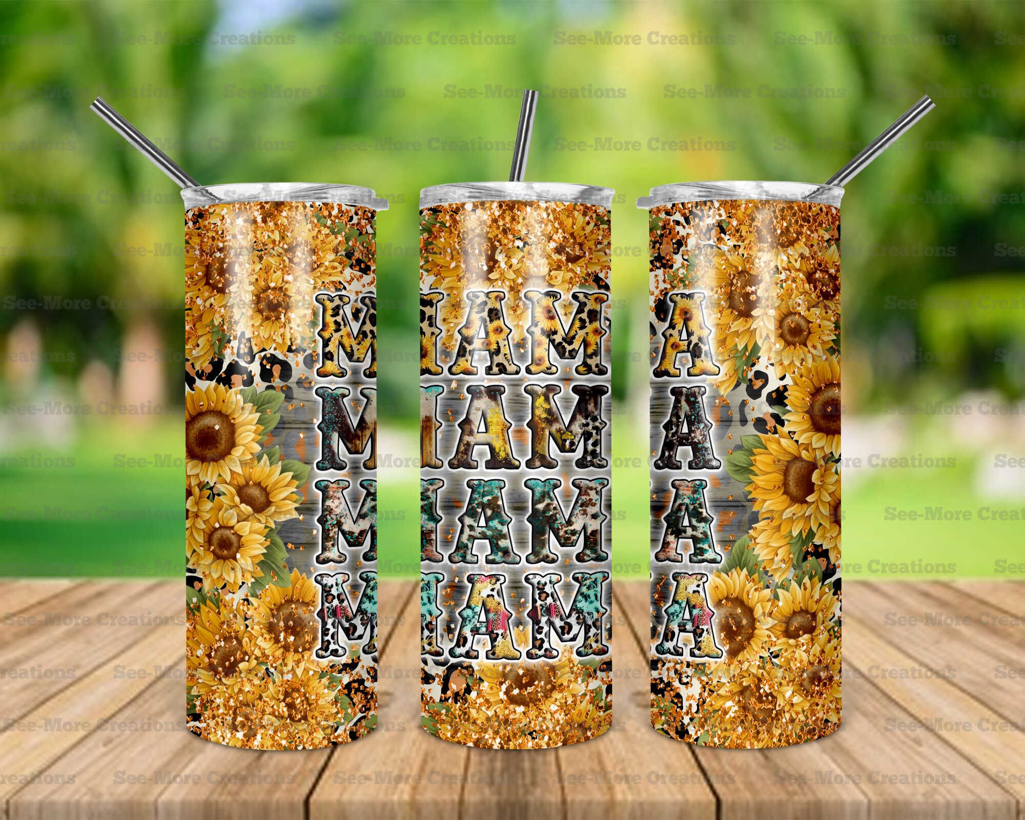 Mama #107 Sunflowers Western Glitter Print Skinny Tumbler