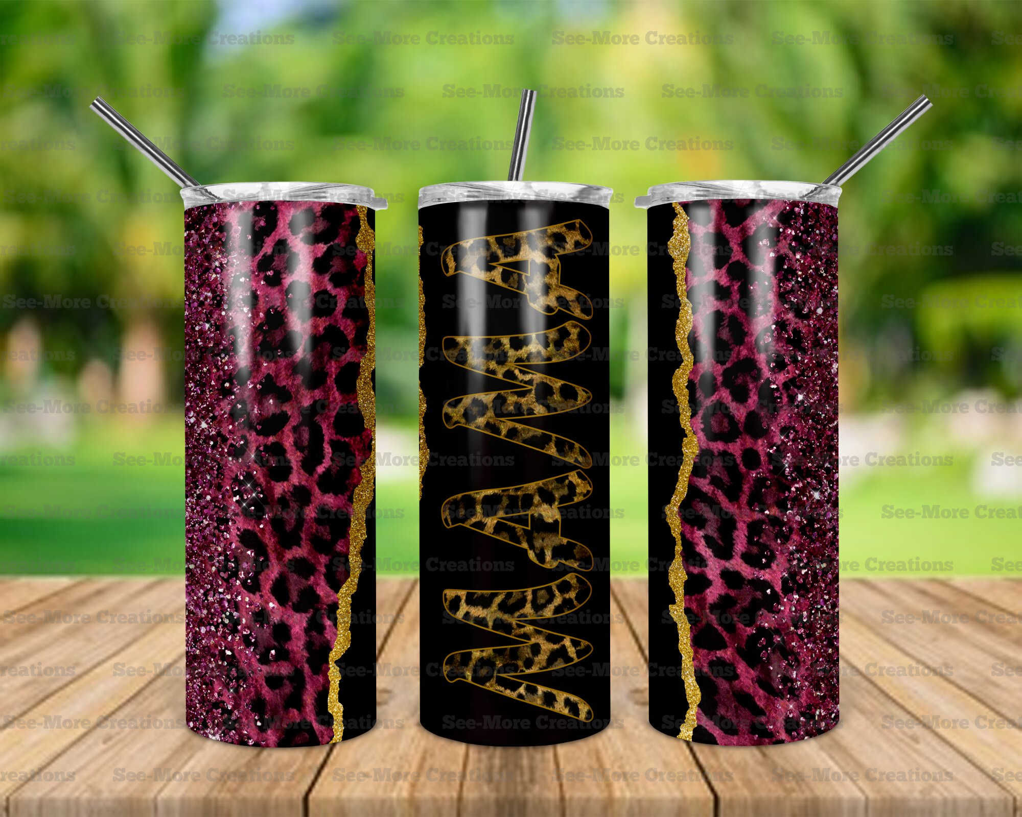 Mama #143 Leopard Print Glitter Print Skinny Tumbler