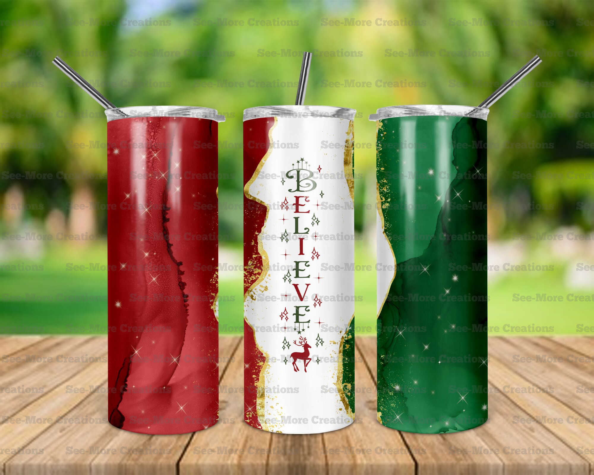 Believe #3 Red & Green Marble Gold Glitter Print Skinny Tumbler