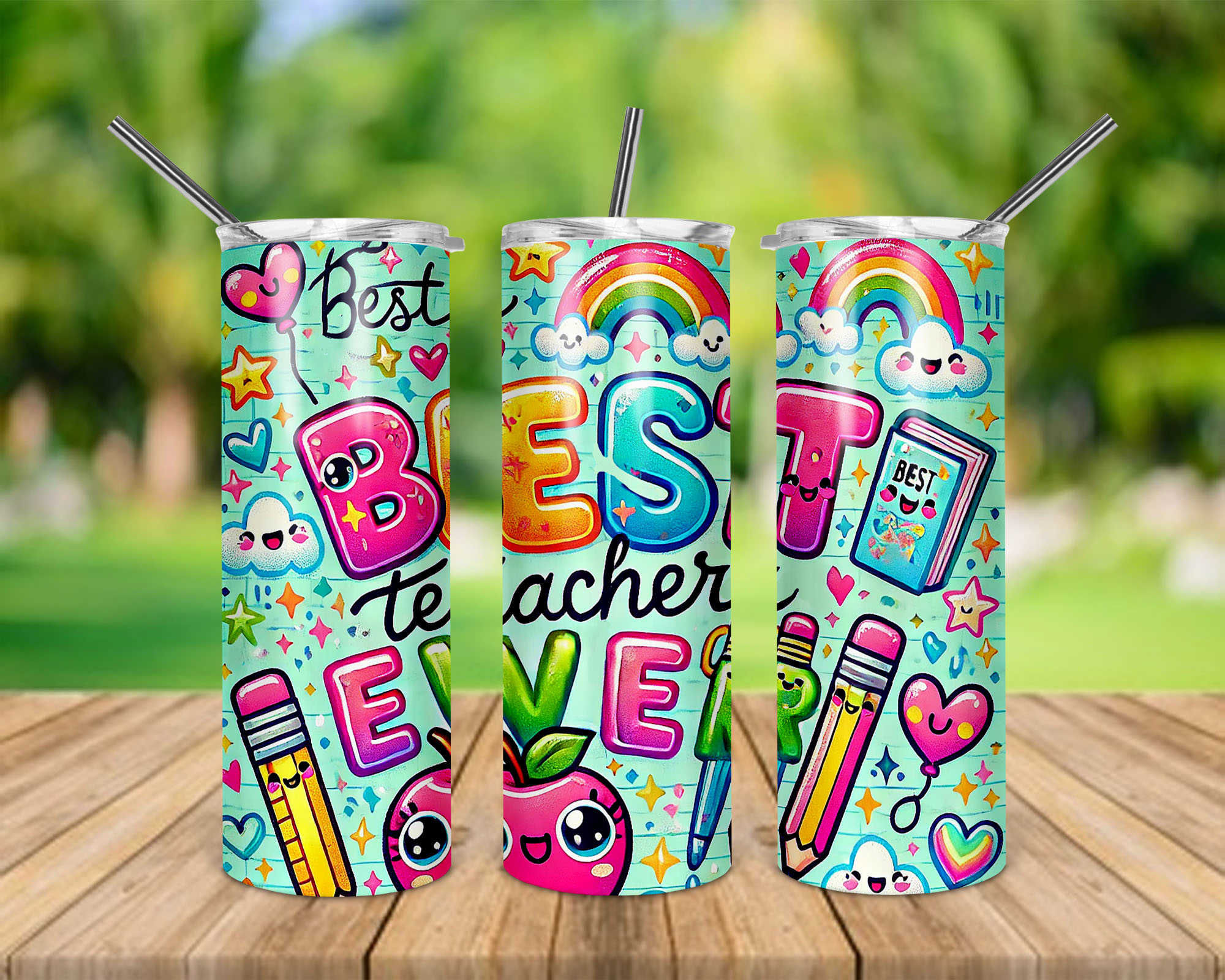 Best Teacher Ever Rainbow School Supplies 20 oz Skinny Tumbler