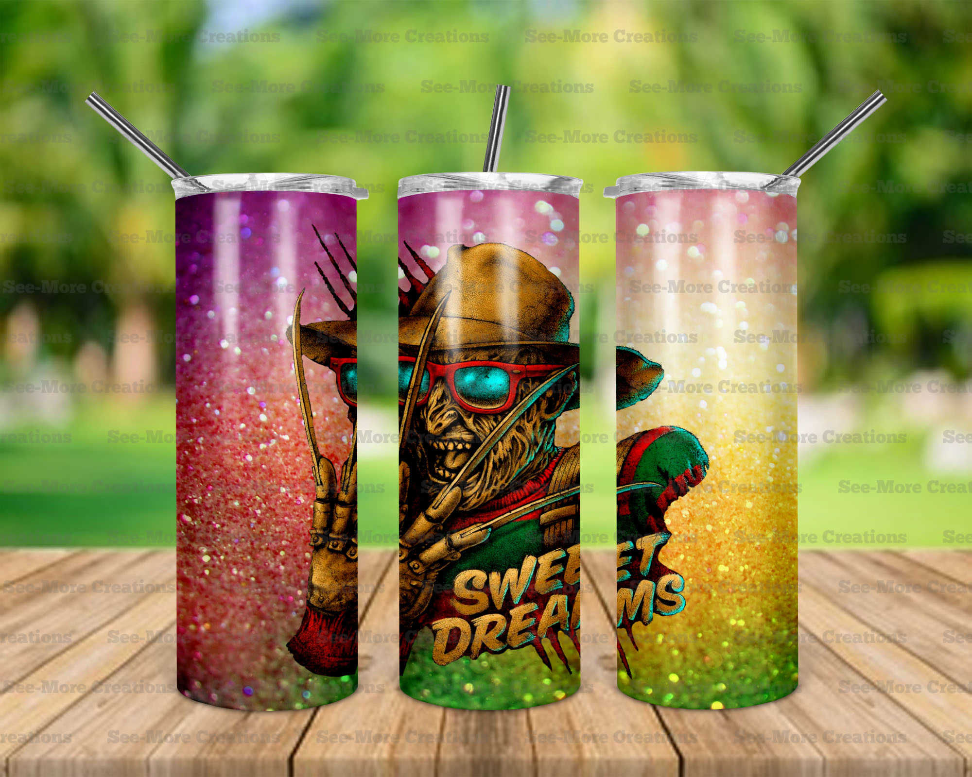 Freddy Krugger #43 Sweet Dreams Glitter Print Skinny & Kids Tumblers