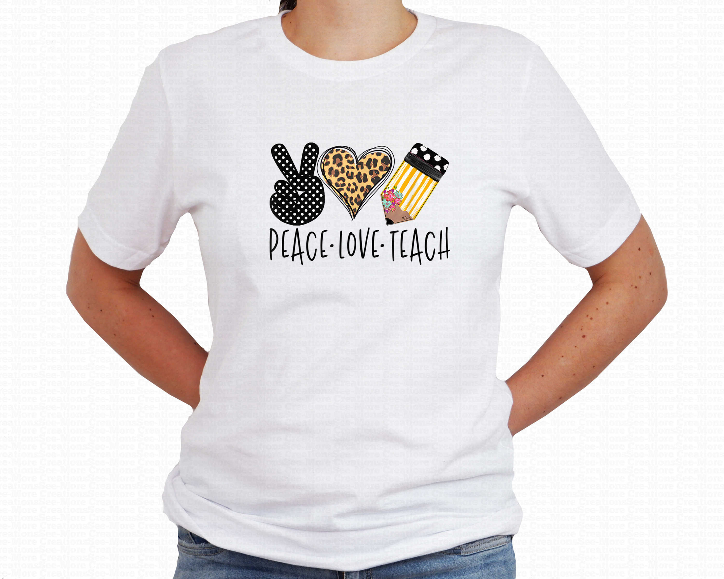 Peace Love Teach #5 Leopard Print Heart School Teacher Shirt