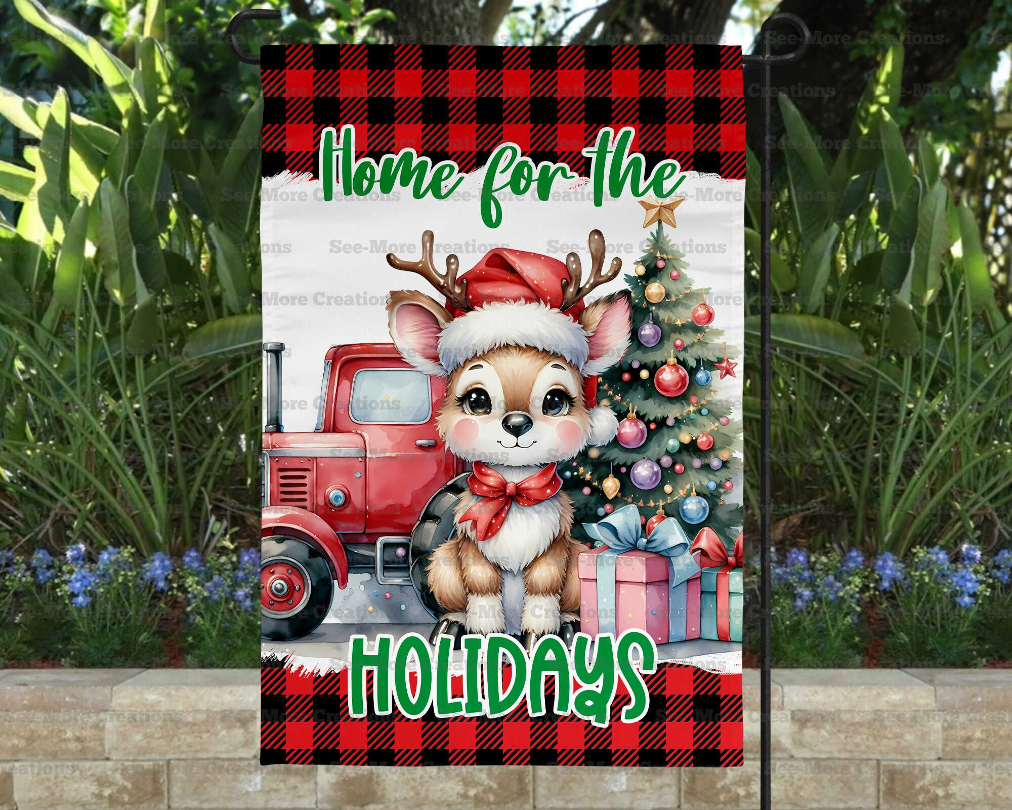 Home For The Holidays #5 Reindeer In Santa Hat Garden Flag