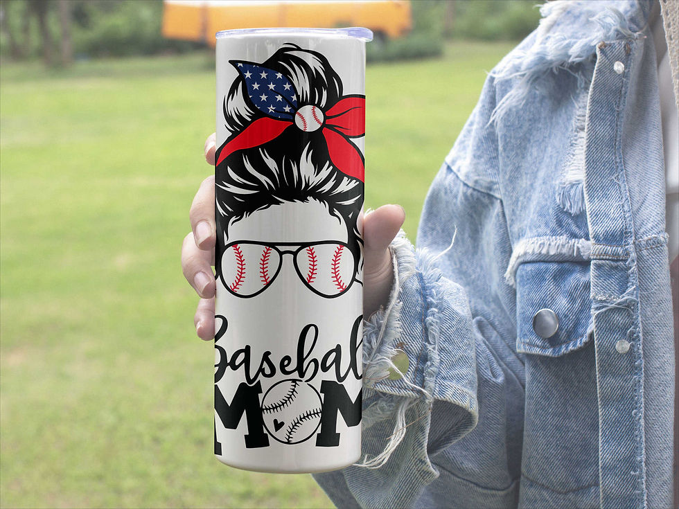 Thumbnail: Person holding Baseball Mom Patriotic Messy Bun Flag 20 oz Skinny Tumbler