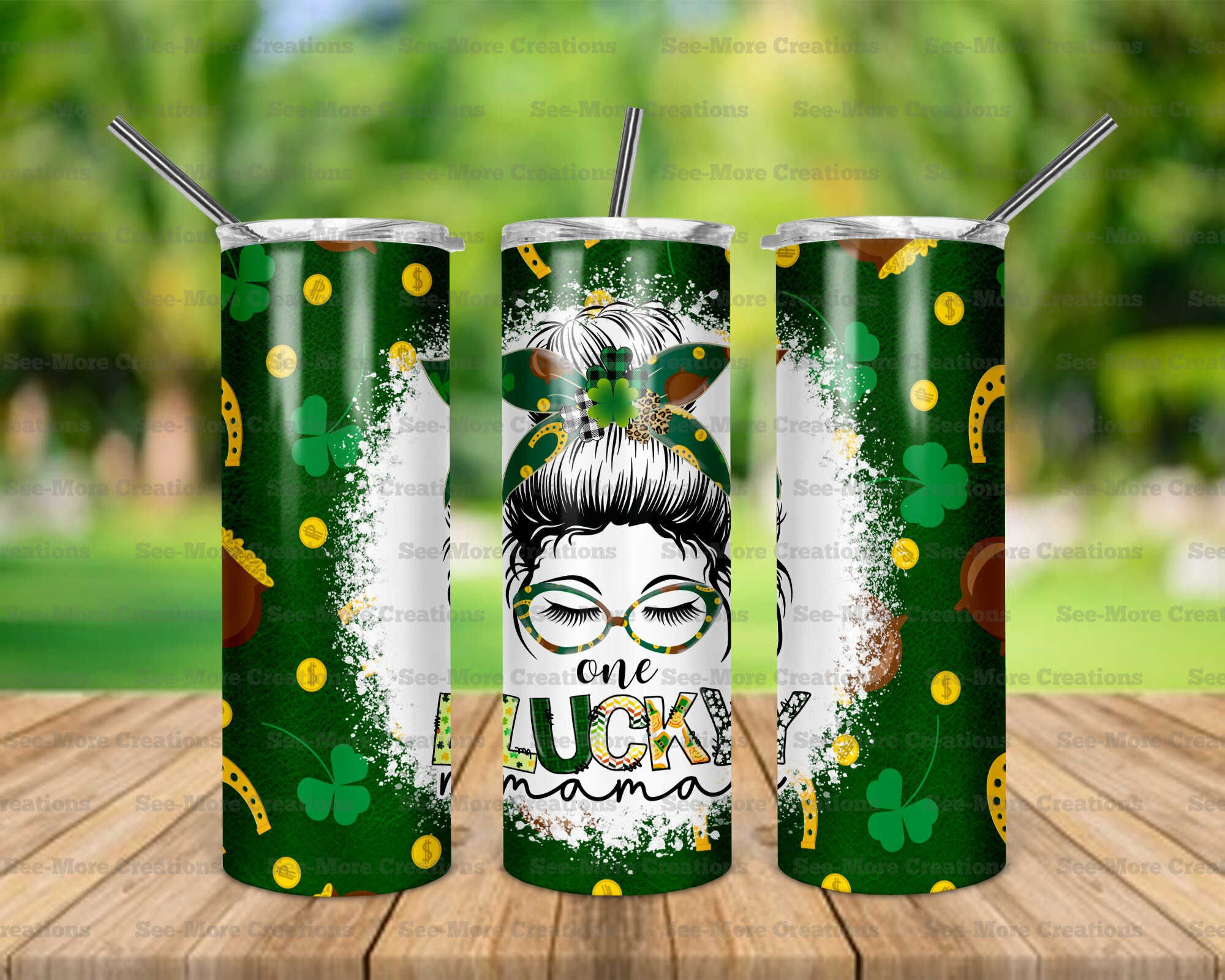 One Lucky Mama #3 Messy Bun Glitter Print Skinny Tumbler