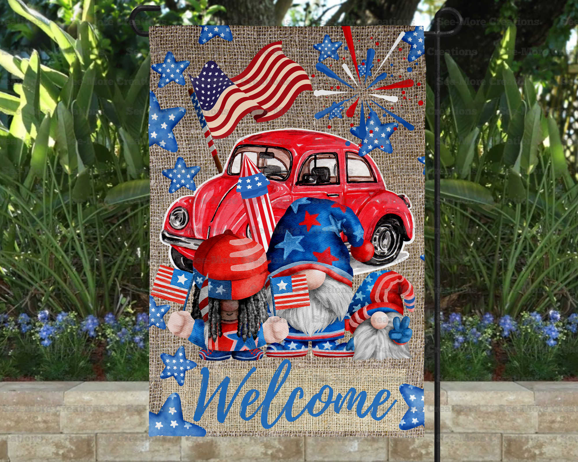 July 4th #8 Welcome American Gnomes Garden Flag