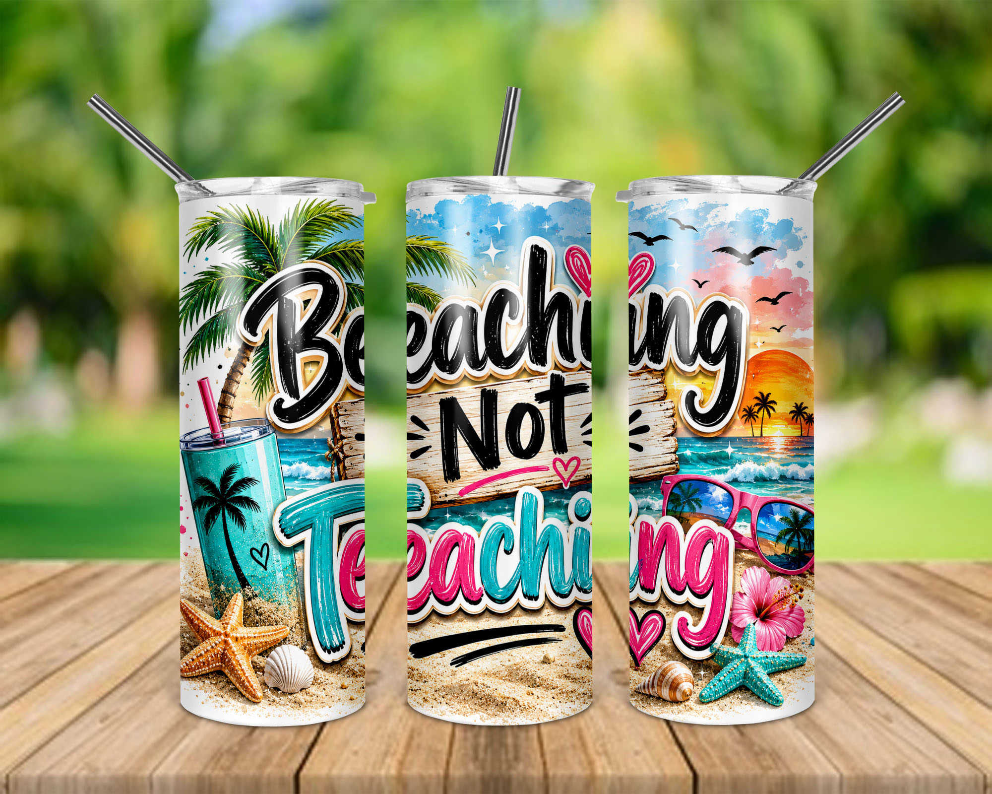 Beachin' Not Teachin' Sunset Beach 20 oz Skinny Tumbler