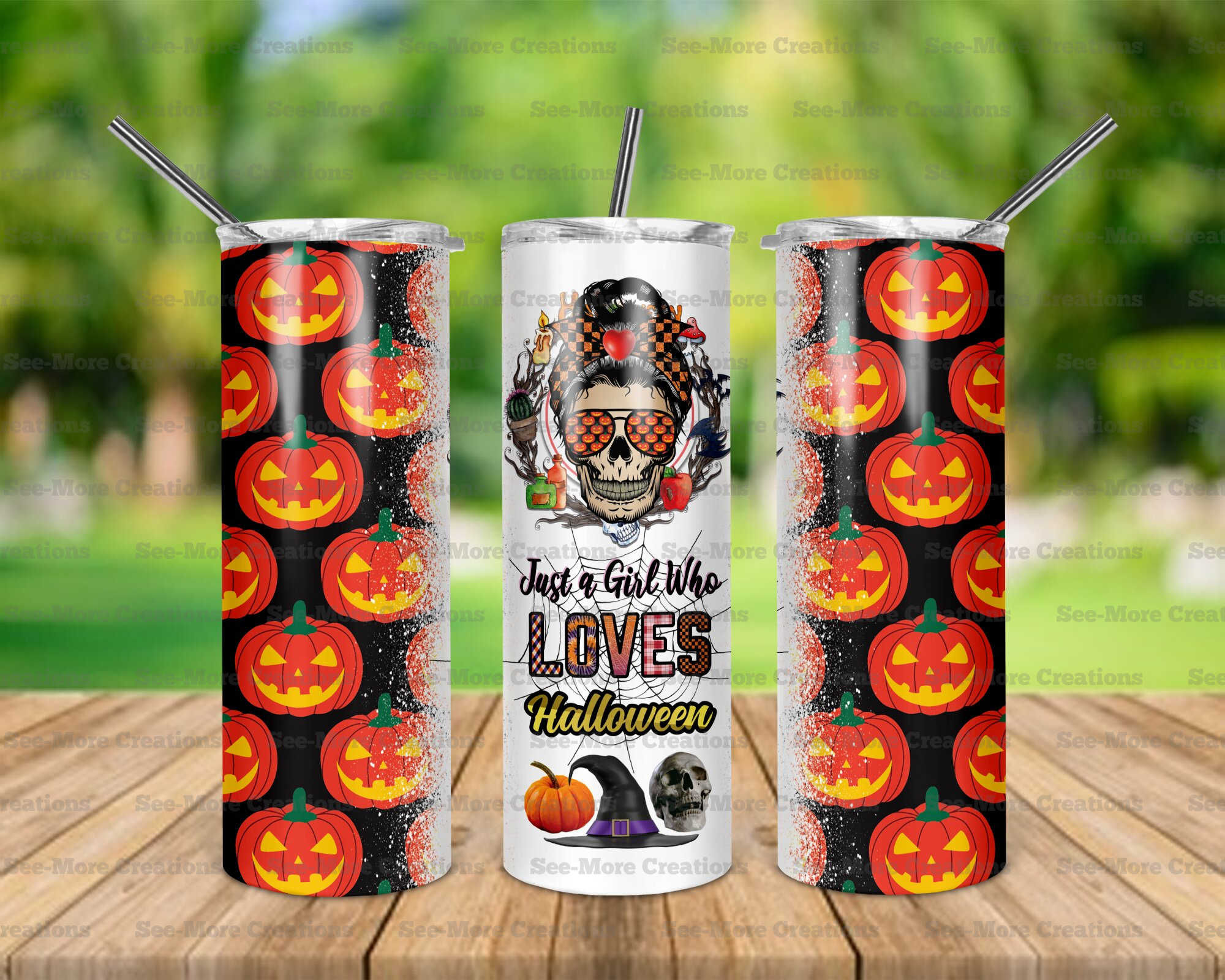 Just A Girl Who Loves Halloween #10 Messy Bun Skull Skinny & Kids Tumblers