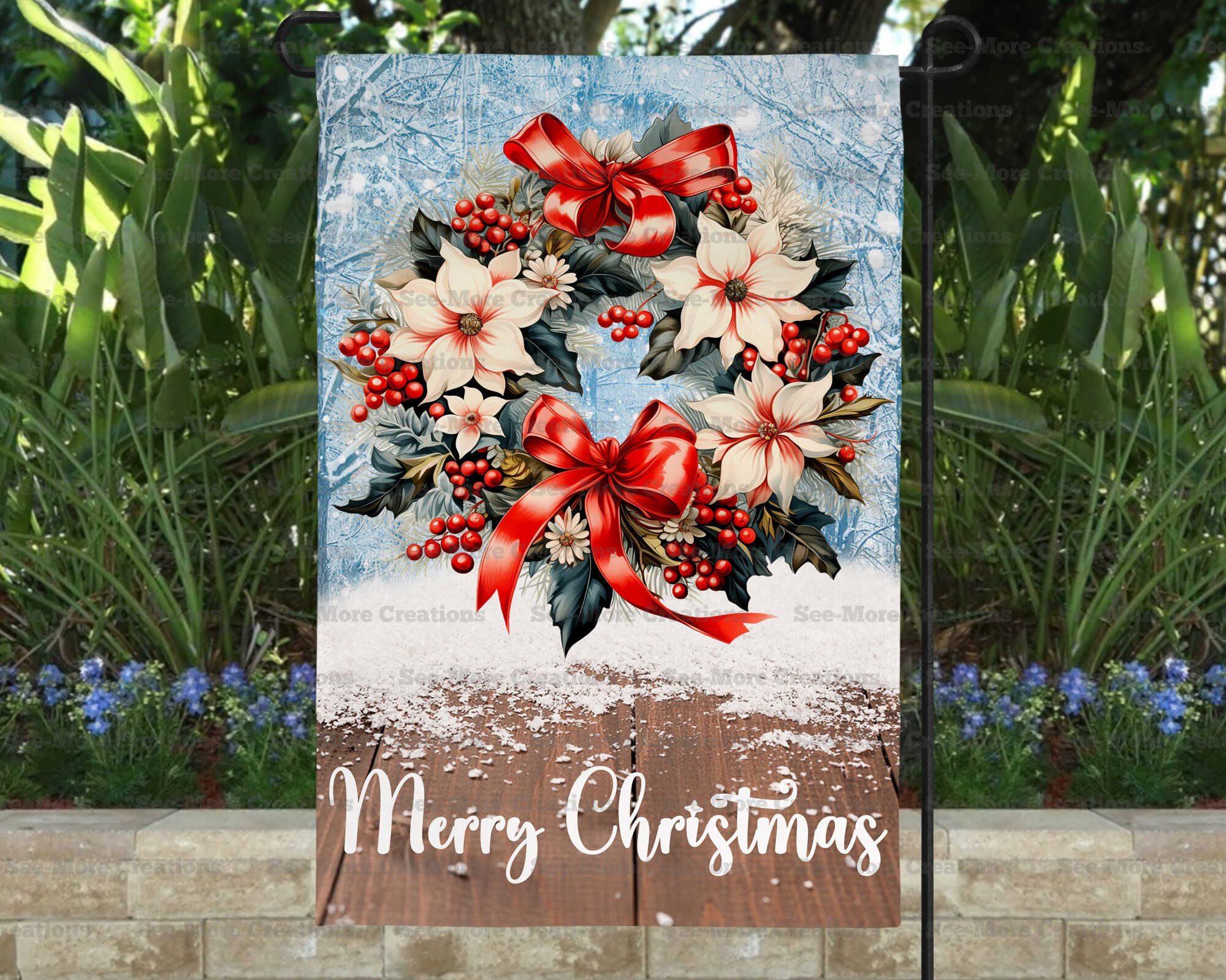 Merry Christmas #28 Poinsette Wreath Garden Flag