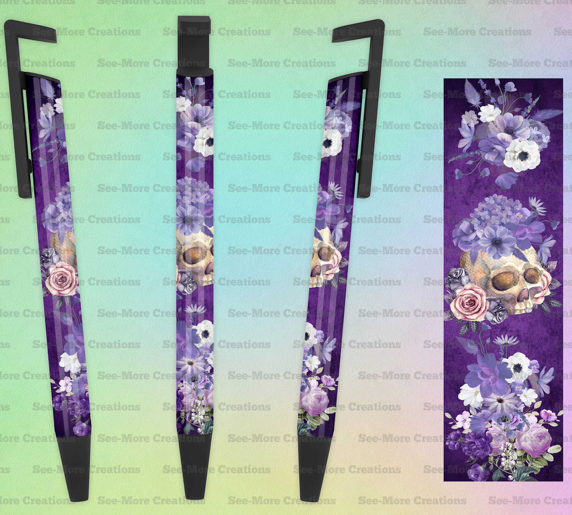 Skull & Purple Flowers #267 Halloween Pen