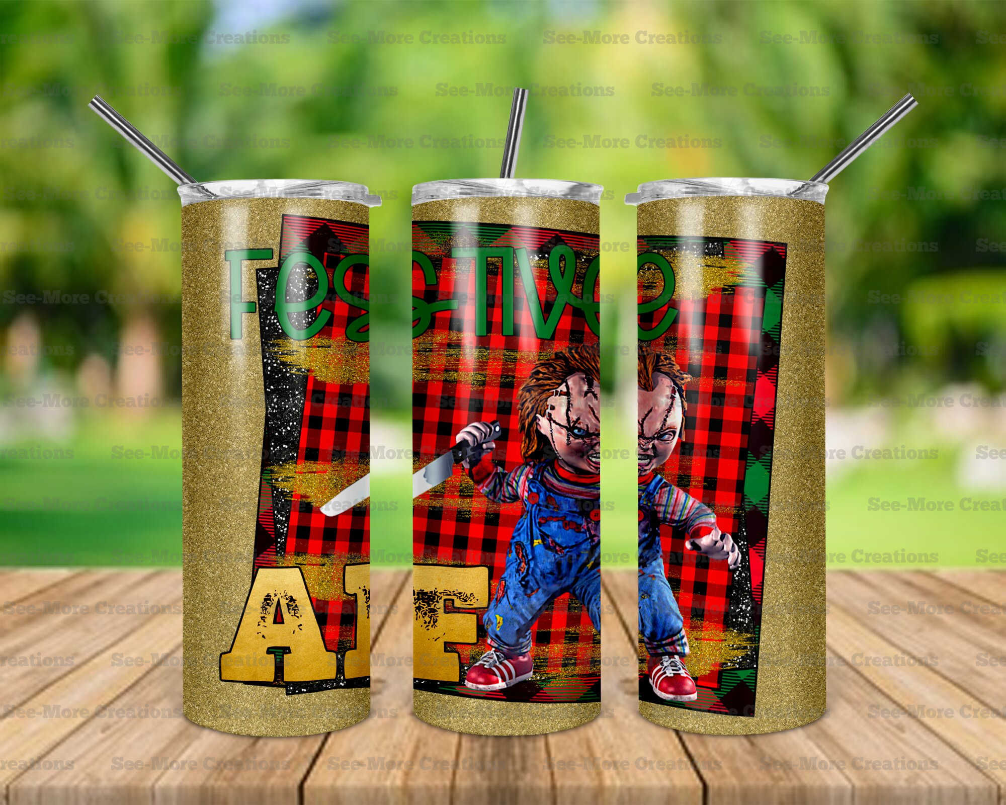 Festive AF #14 Chuckie Glitter Print Skinny Tumbler