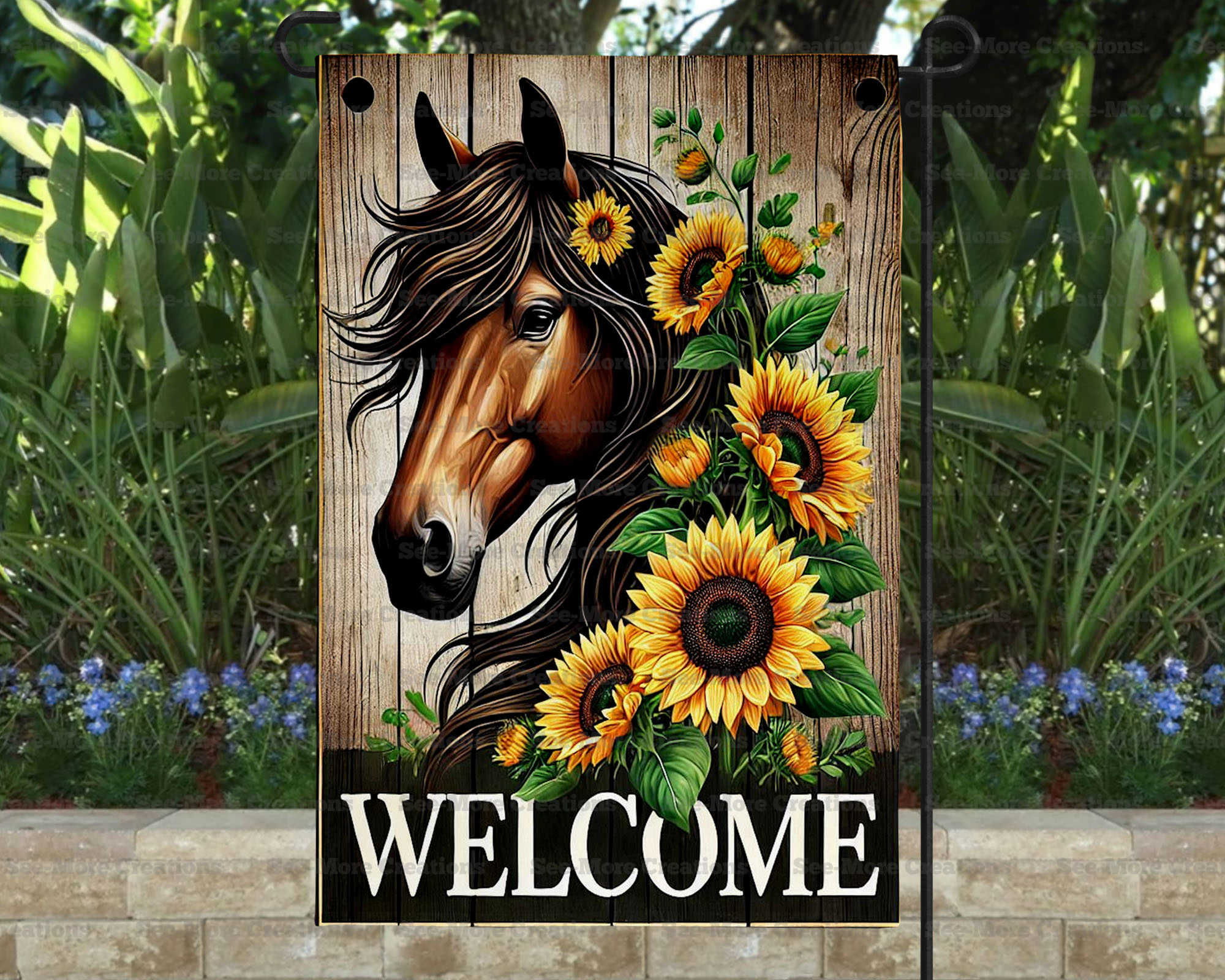 Horses #7 Sunflowers Welcome Garden Flag