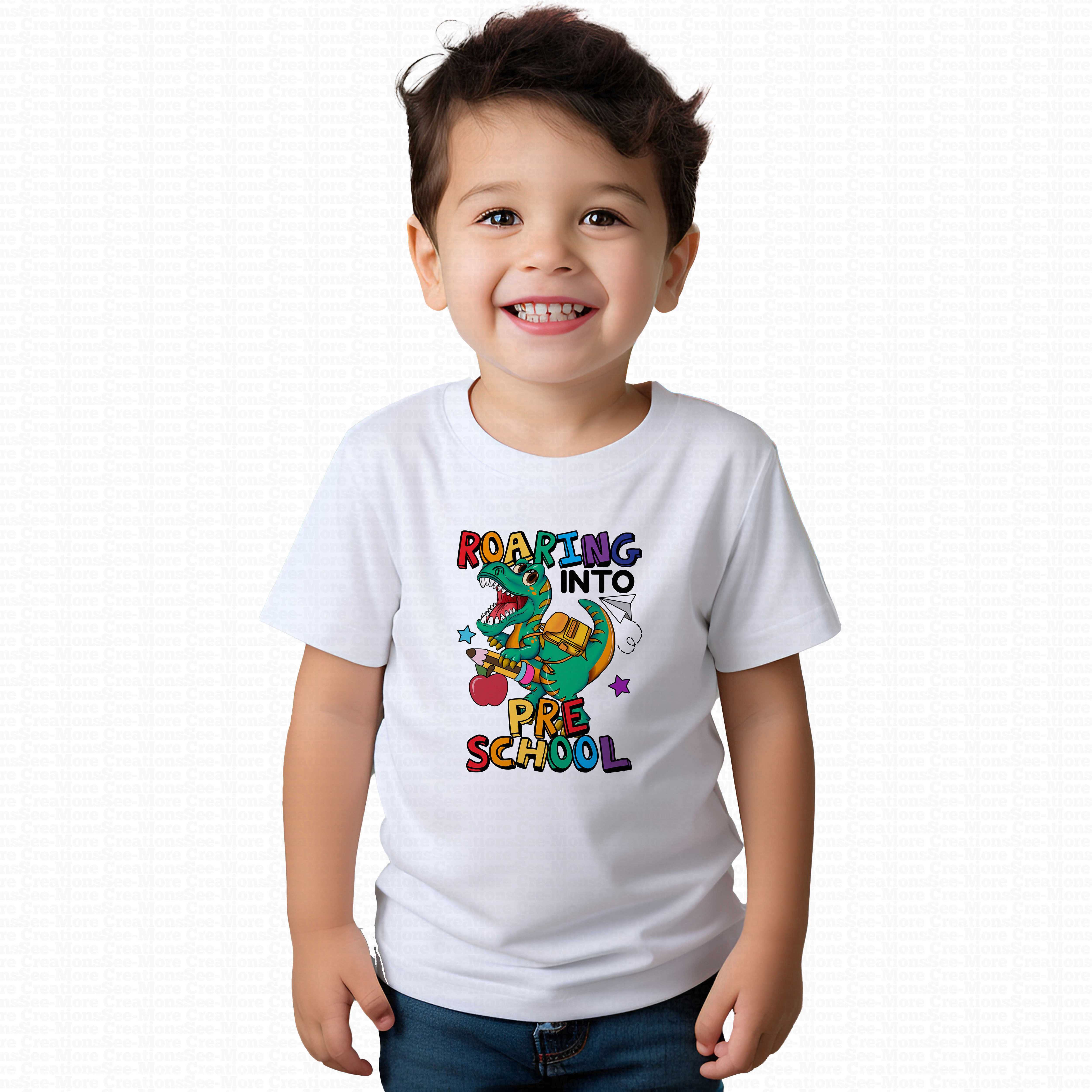 Roaring Into Pre-School #4 Boys Or Girls Dinosaur School Shirt