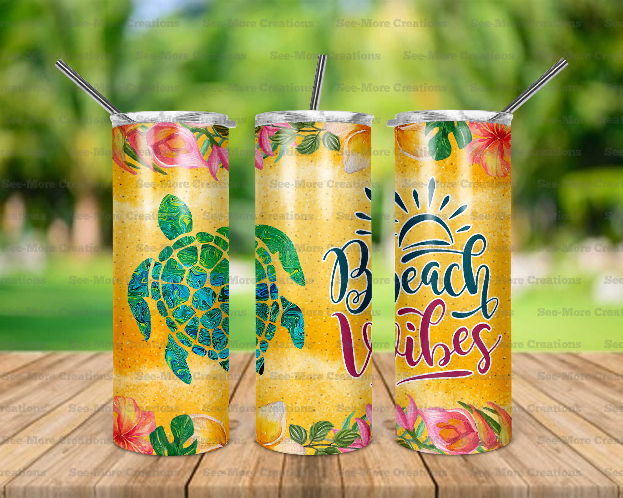Beach Vibes #1 Flowers & Turtle Skinny & Kids Tumblers