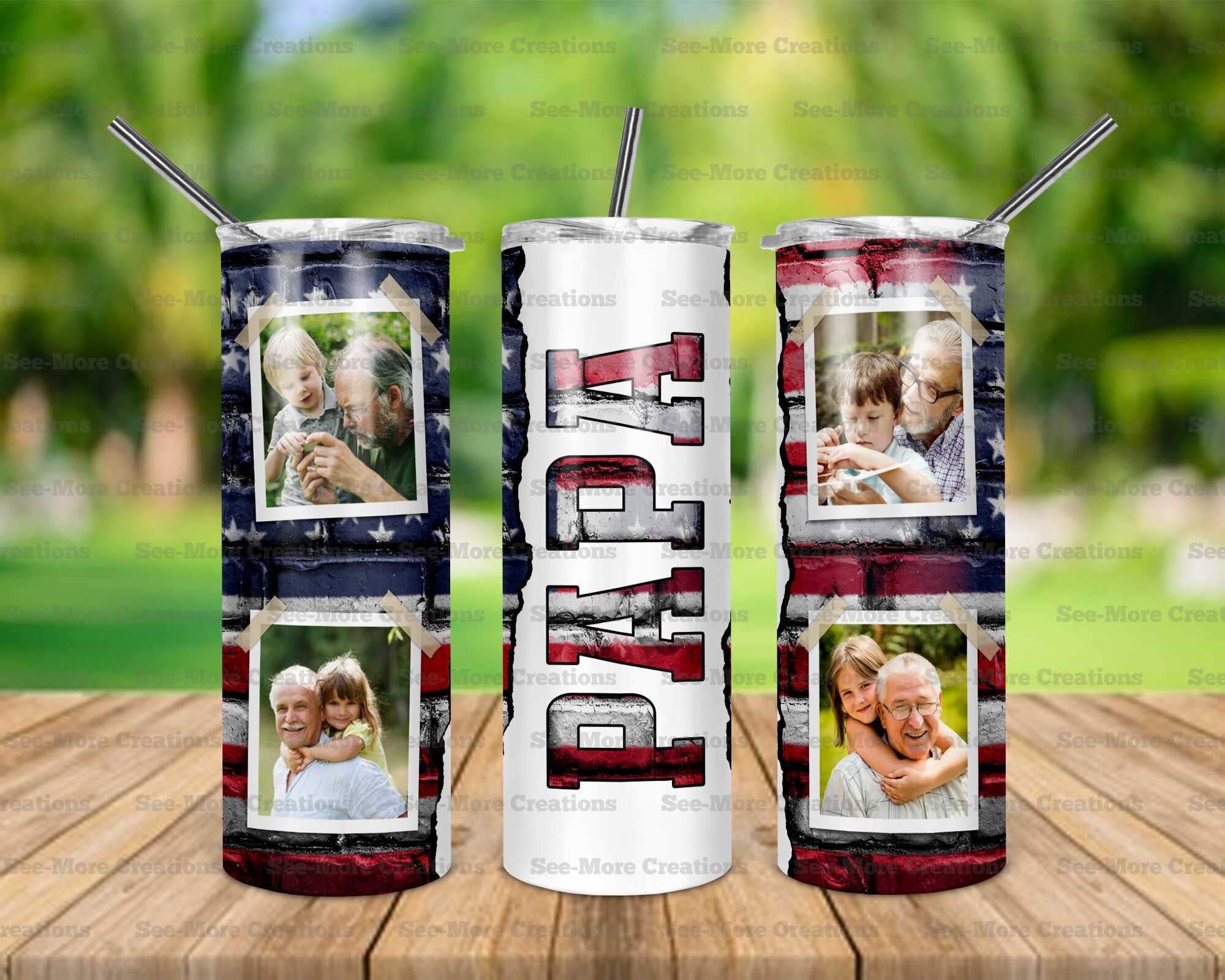 Papa #16 Personalize With Photos American Flag Bricks Skinny Tumbler