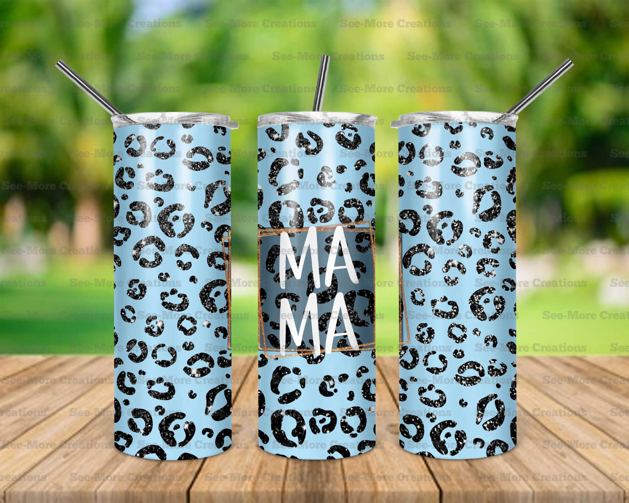 Mama #62 Blue With Black Glittered Leopard Print Skinny Tumbler