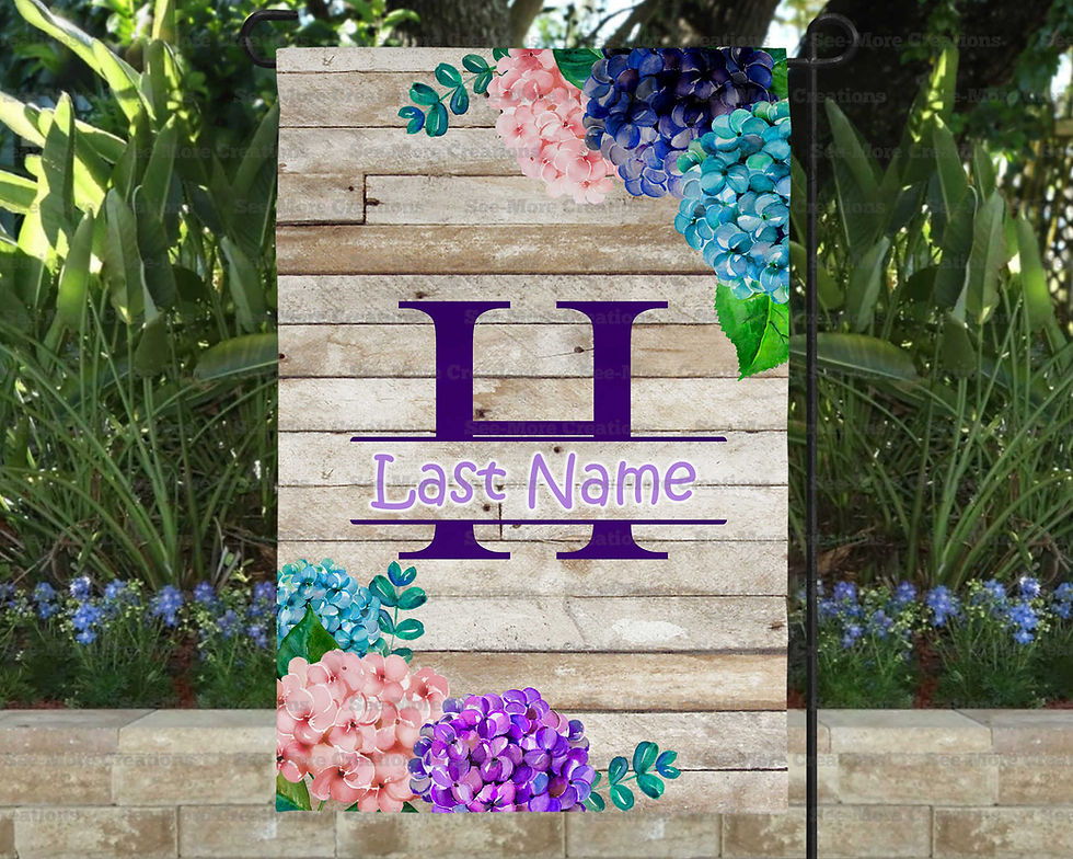 Thumbnail: Hydrangea Monogram & Personalize With Last Name Welcome Garden Flag