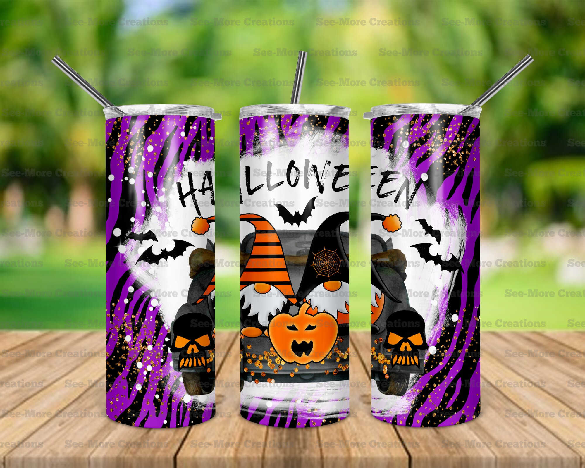 Halloween #3 Gnomes Zebra Stripes Glitter Print Skinny & Kids Tumblers