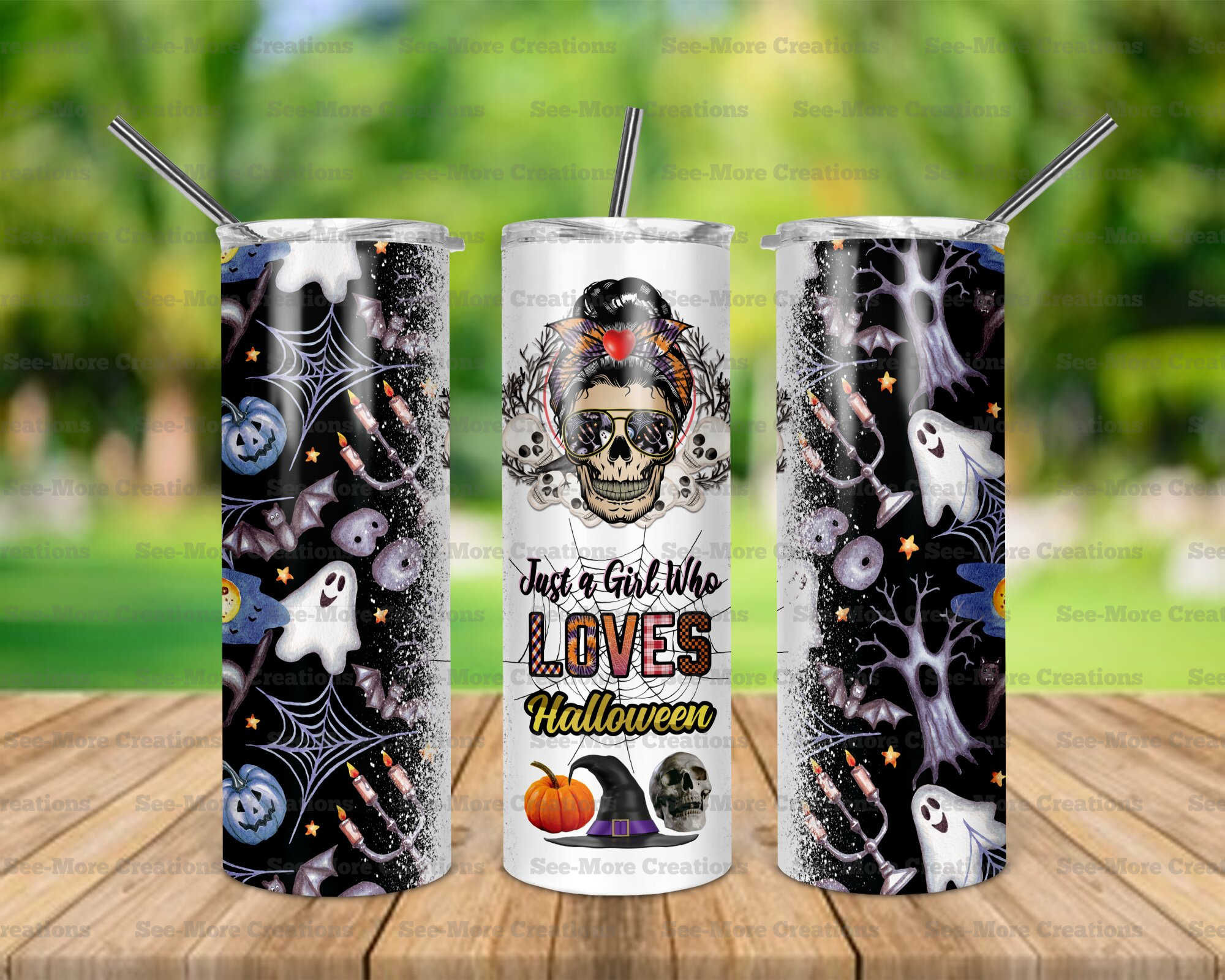 Just A Girl Who Loves Halloween #5 Messy Bun Skull Skinny & Kids Tumblers