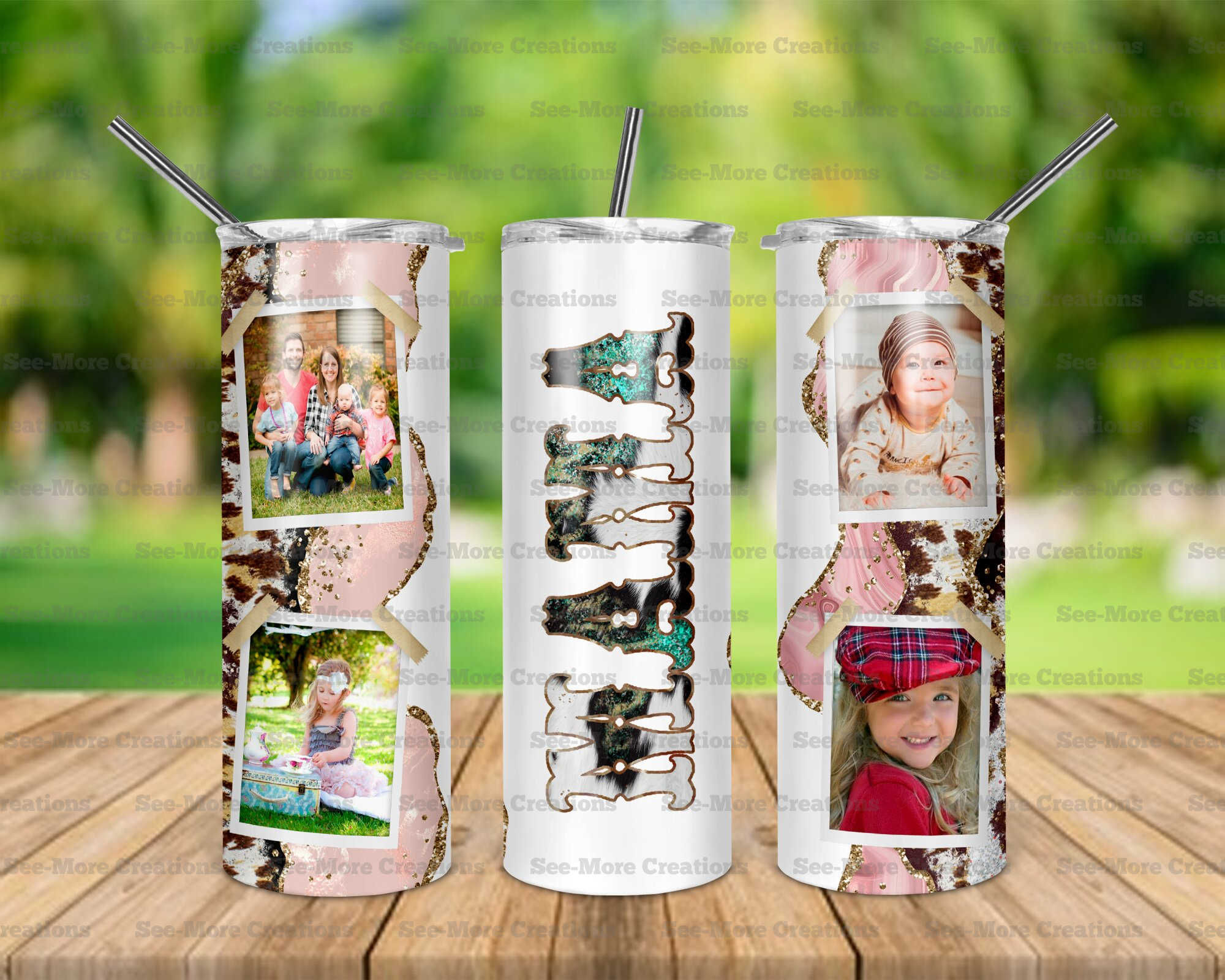 Mama Personalize W/Photos #10 Pink Leopard Print Glitter Print Skinny Tumbler