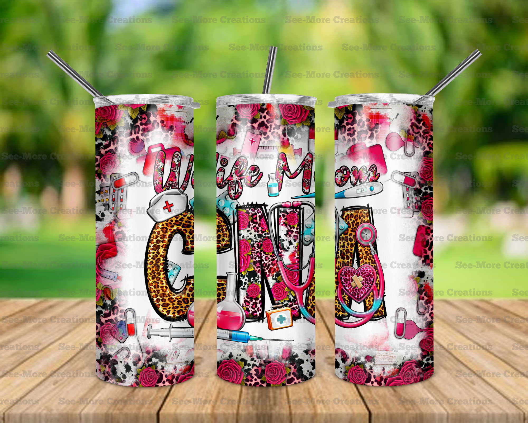 Wife Mom CNA #2 Pink Roses Leopard Print Skinny Tumbler