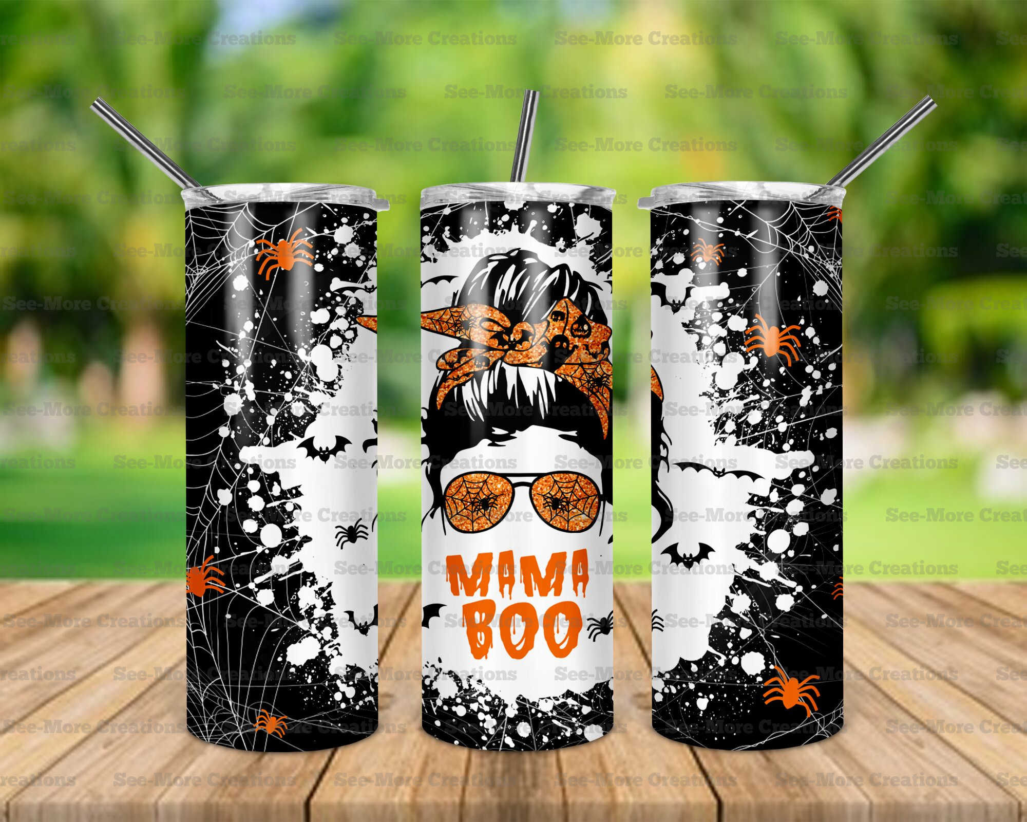 Mama Boo #1 Messy Bun Spiderwebs Skinny Tumbler