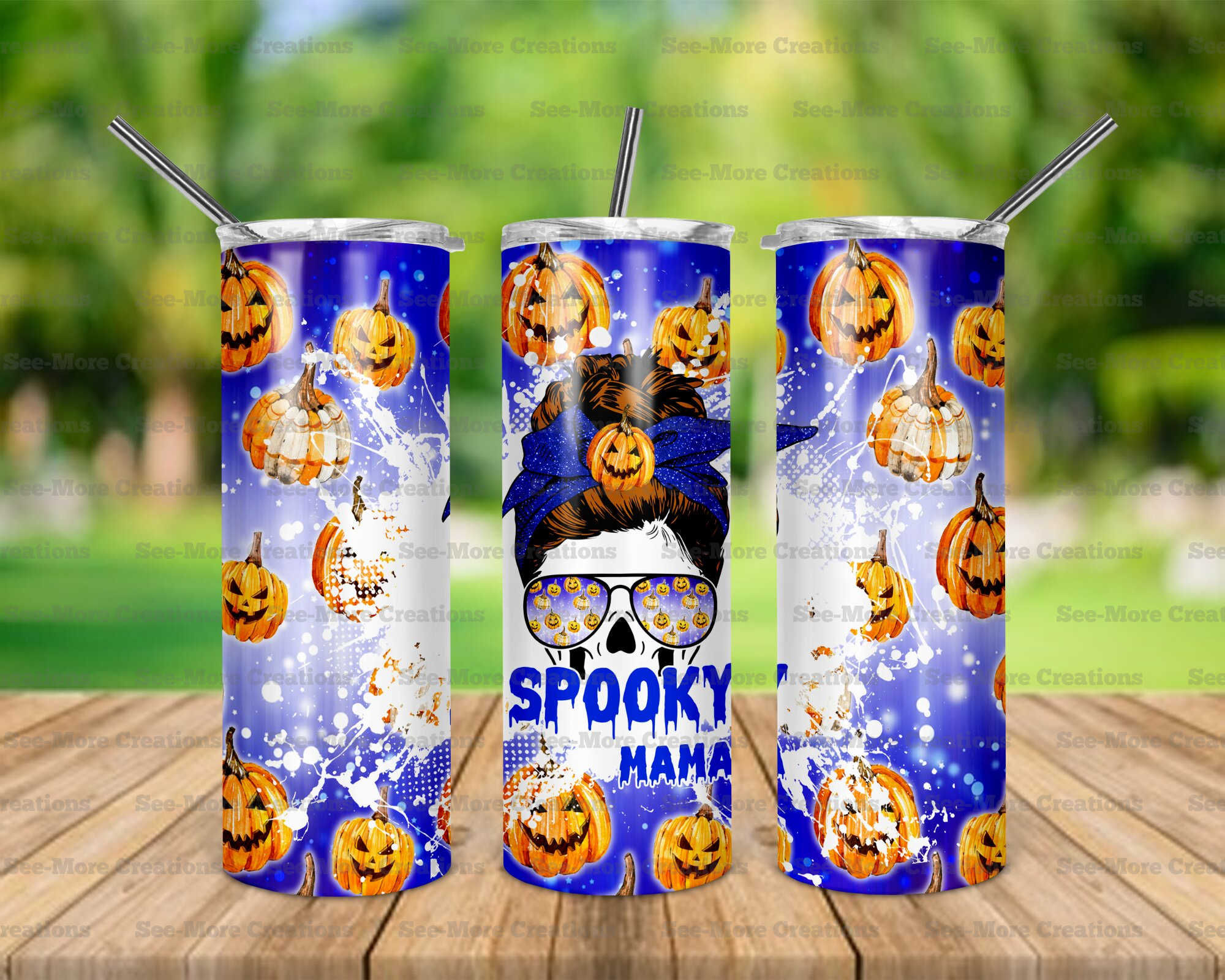 Spooky Mama #25 Messy Bun Skull Skinny Tumbler