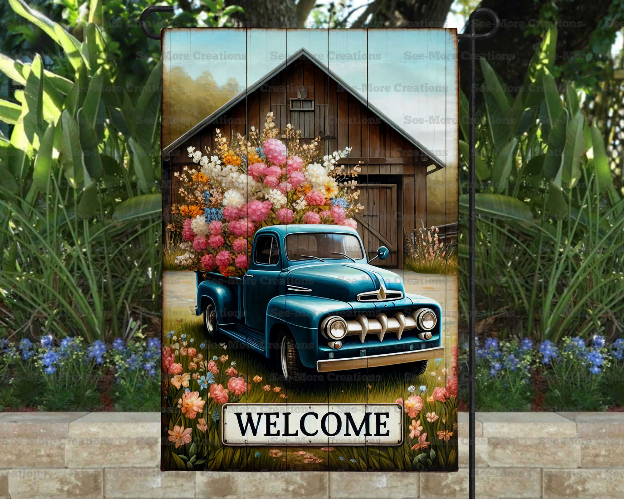 Old Farm Truck #3 Flowers In Truck Bed Welcome Garden Flag