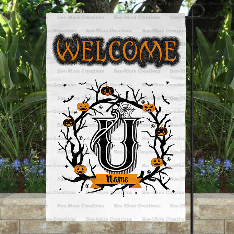Thumbnail: Halloween Monogram & Personalize With Last Name Welcome Garden Flag N-Z