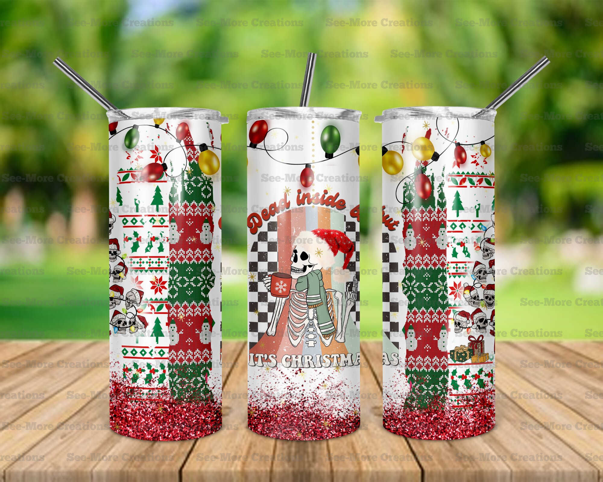 Dead Inside But It's Christmas #1 Skeleton Glitter Print Skinny Tumbler