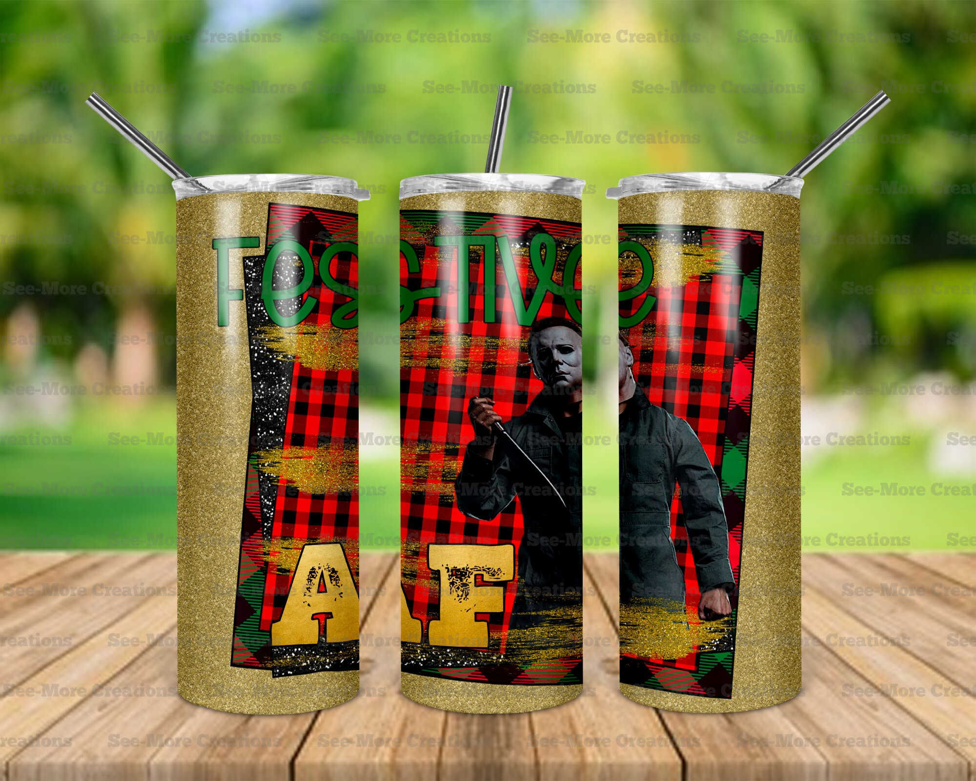 Festive AF #7 Michael Myers Glitter Print Skinny Tumbler