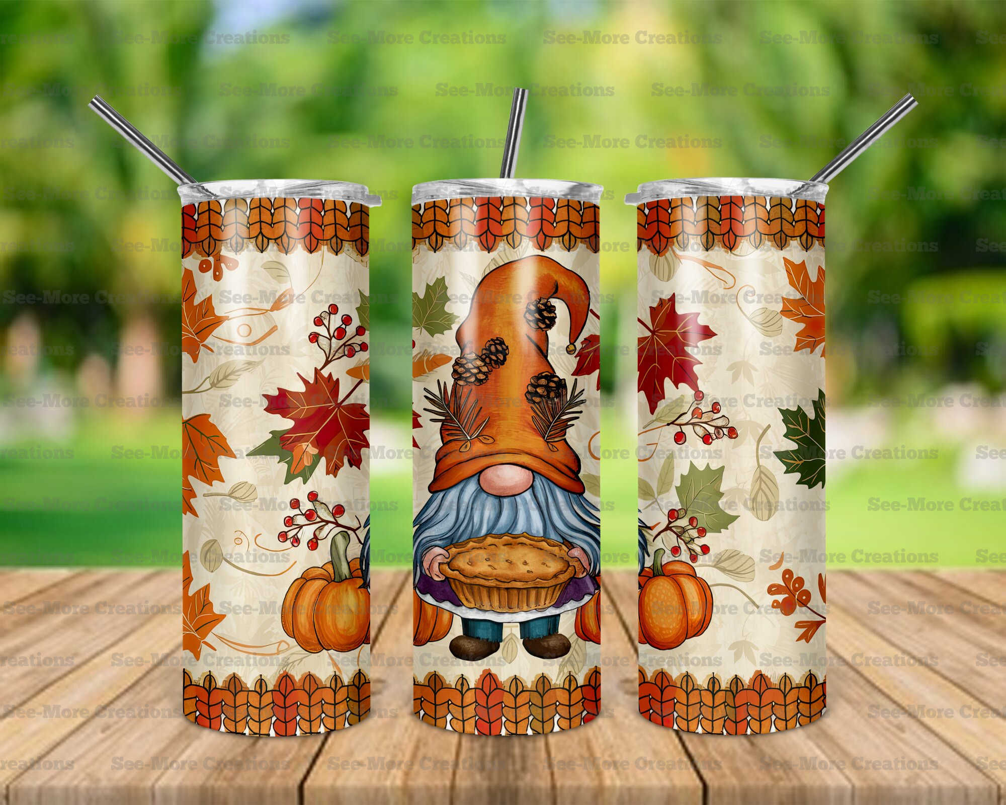 Fall Gnome #3 Pie Pumpkin Leaves Skinny Tumbler