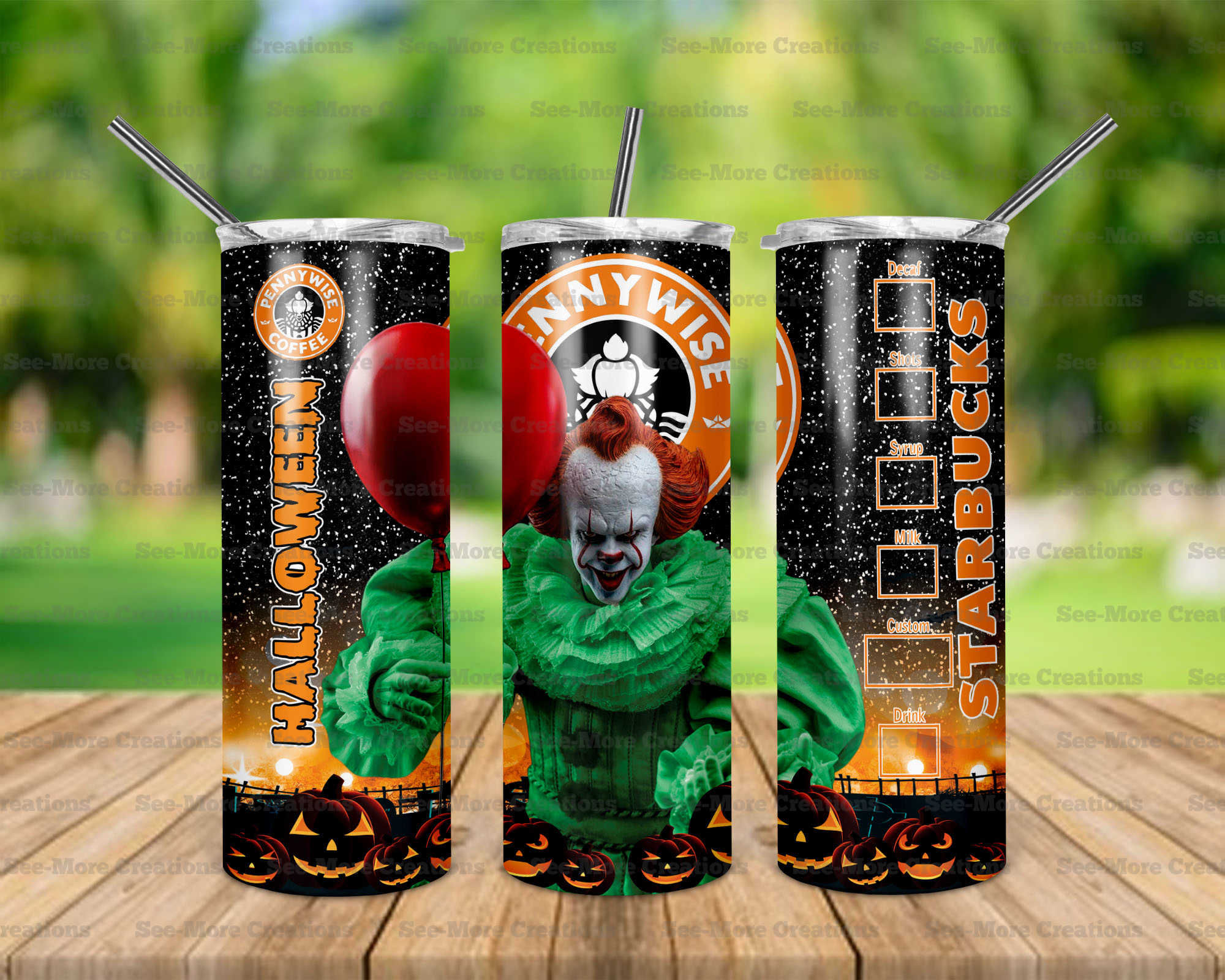 Halloween Starbucks #5 Pennywise Glitter Print Skinny Tumbler