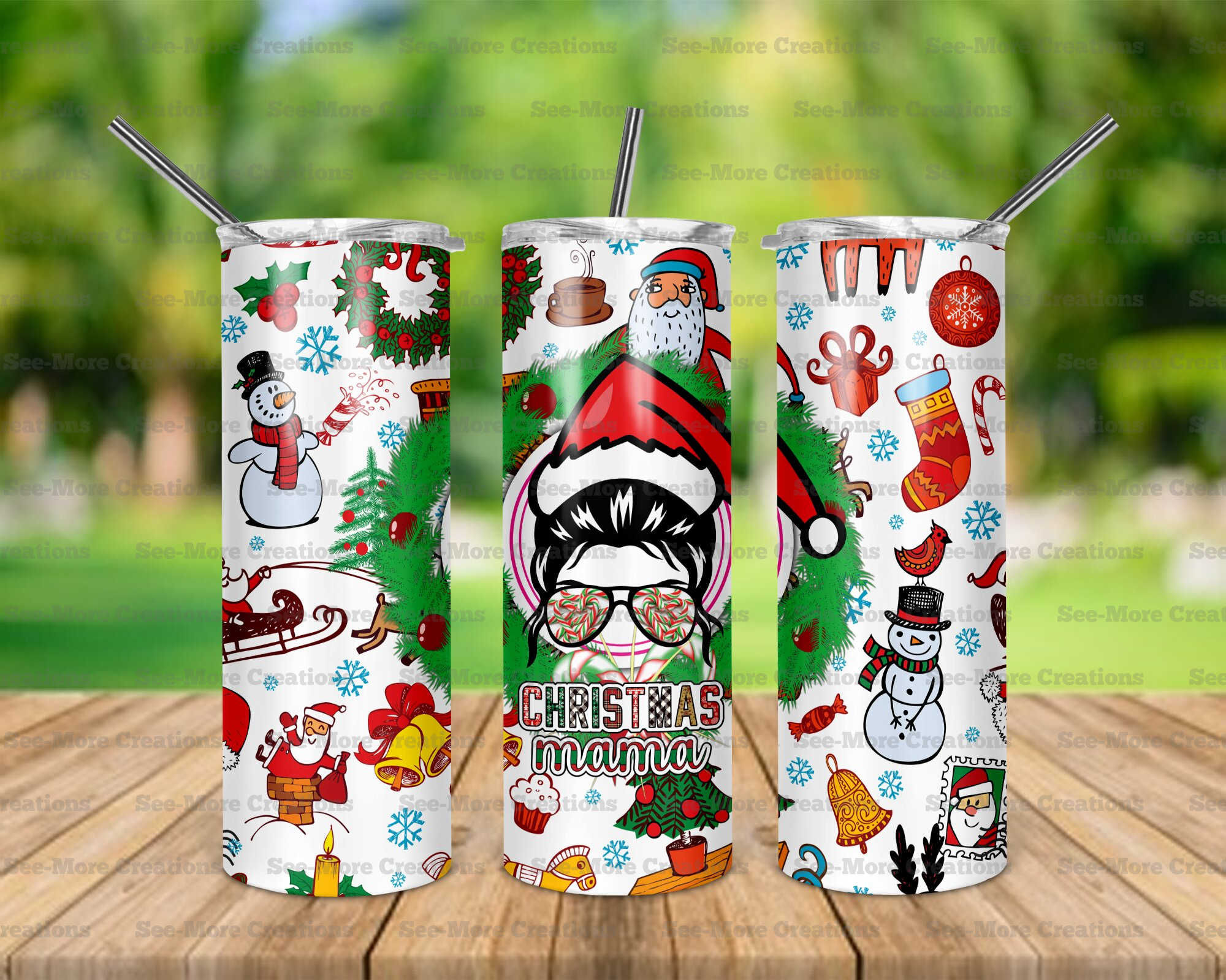 Christmas Mama #11 Messy Bun In Santa Hat Skinny Tumbler