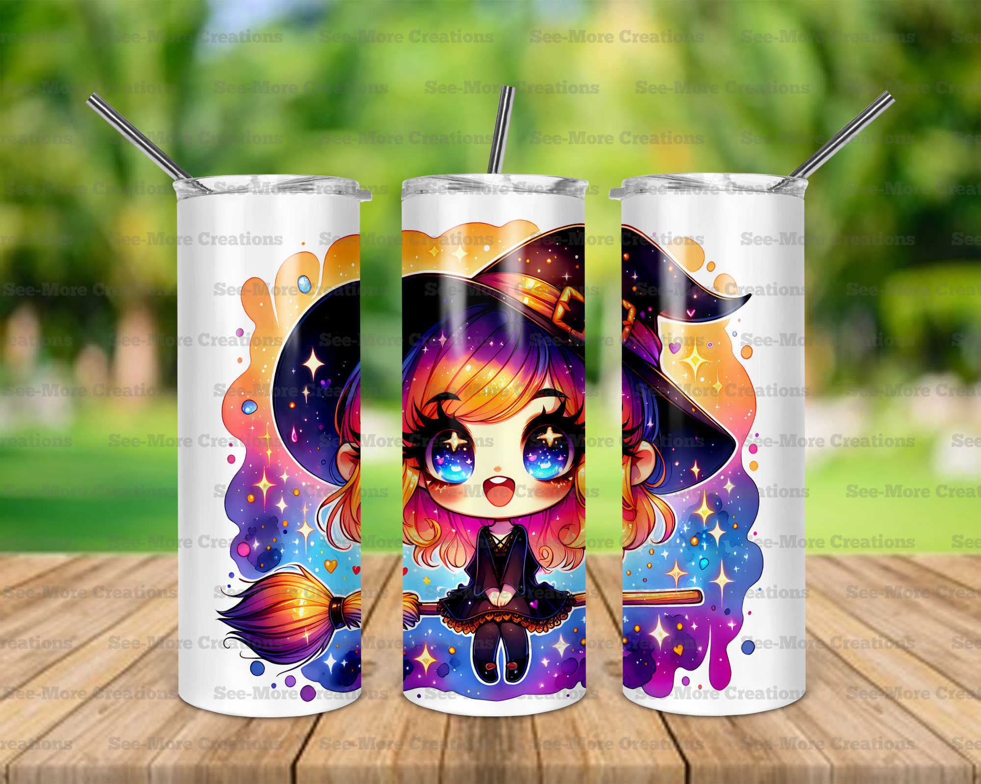 Cute Witch #3 Riding Broom Colorful Skinny, Sippy & Kids Tumblers